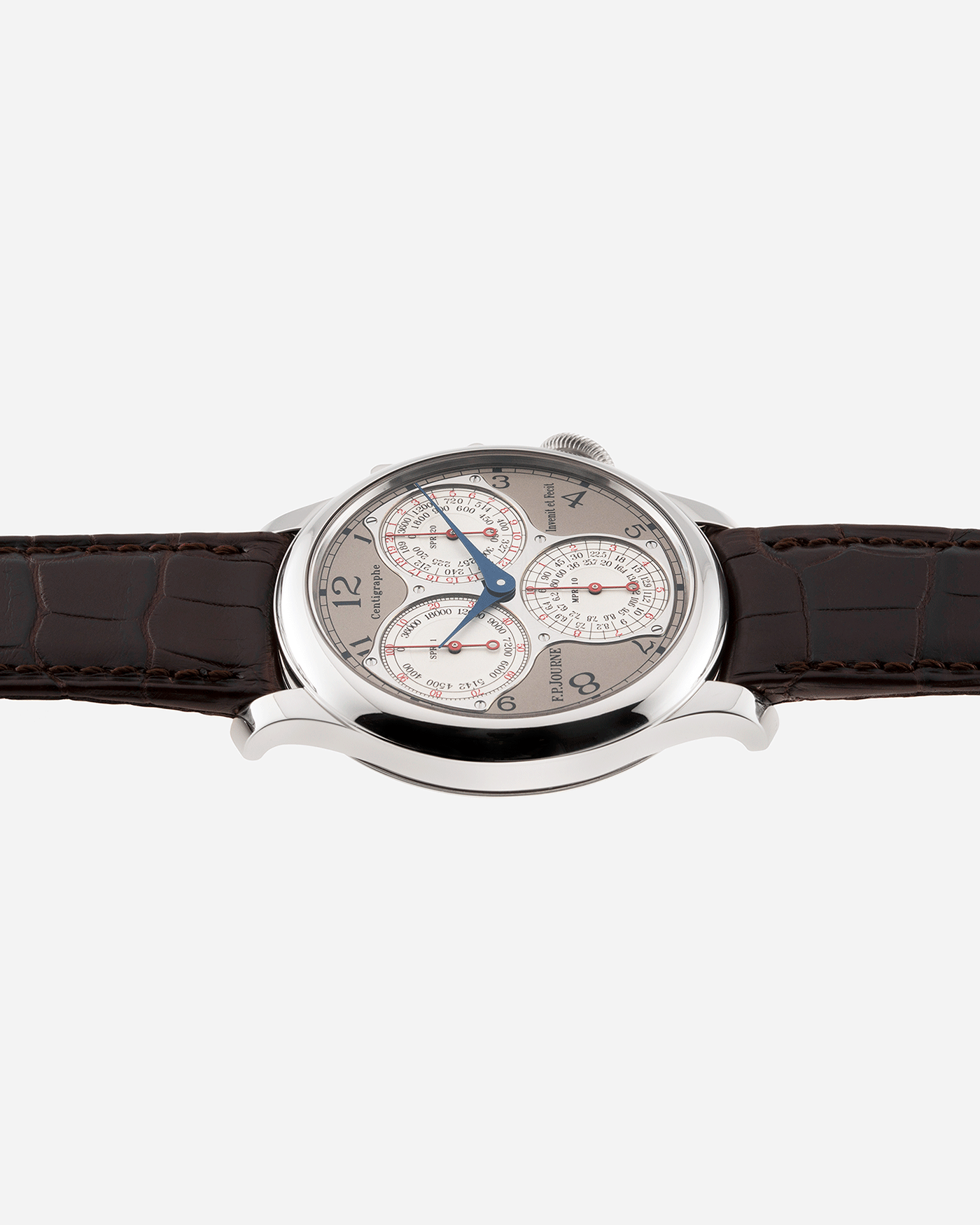 Brand: F.P. Journe Year: 2017 Model: Centigraphe Souverain Material: Platinum Movement: in-house FP Journe Caliber 1506 Case Diameter: 40mm Bracelet/Strap: F.P. Journe Dark Brown Alligator Strap with Platinum Signed Tang Buckle