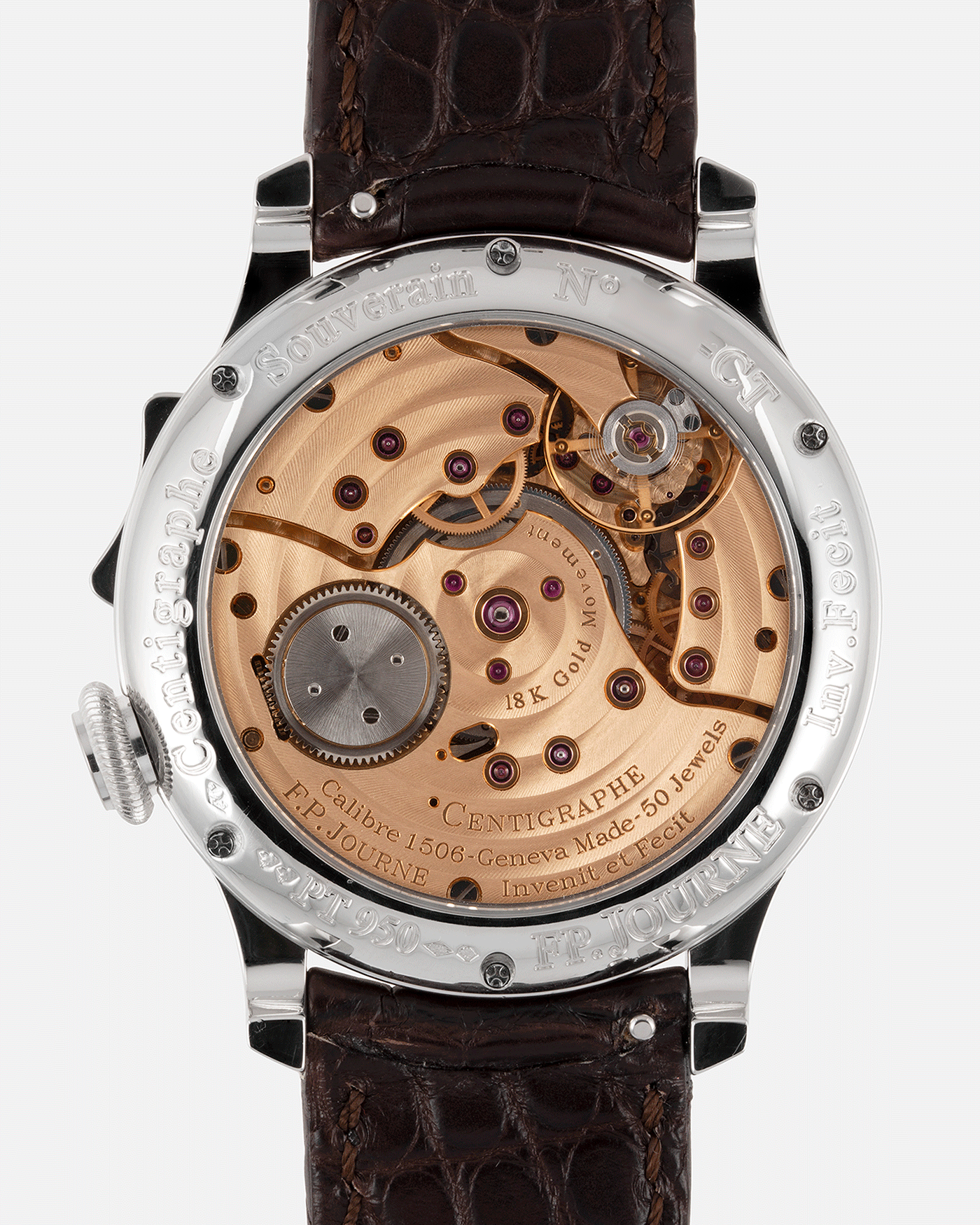 Brand: F.P. Journe Year: 2017 Model: Centigraphe Souverain Material: Platinum Movement: in-house FP Journe Caliber 1506 Case Diameter: 40mm Bracelet/Strap: F.P. Journe Dark Brown Alligator Strap with Platinum Signed Tang Buckle