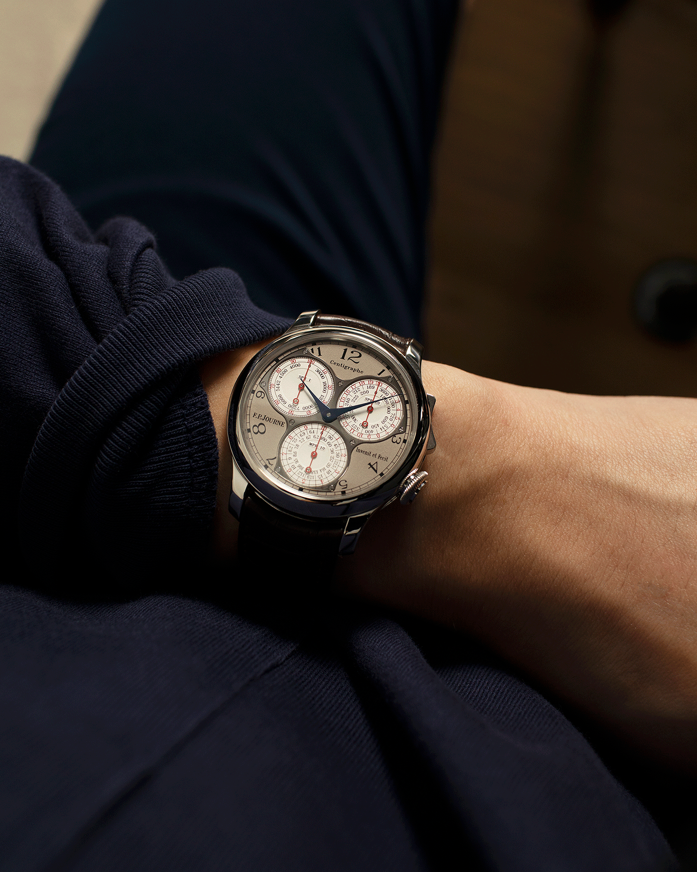 Brand: F.P. Journe Year: 2017 Model: Centigraphe Souverain Material: Platinum Movement: in-house FP Journe Caliber 1506 Case Diameter: 40mm Bracelet/Strap: F.P. Journe Dark Brown Alligator Strap with Platinum Signed Tang Buckle