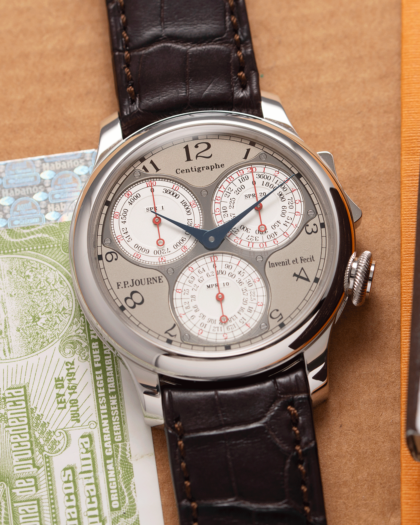 Brand: F.P. Journe Year: 2017 Model: Centigraphe Souverain Material: Platinum Movement: in-house FP Journe Caliber 1506 Case Diameter: 40mm Bracelet/Strap: F.P. Journe Dark Brown Alligator Strap with Platinum Signed Tang Buckle