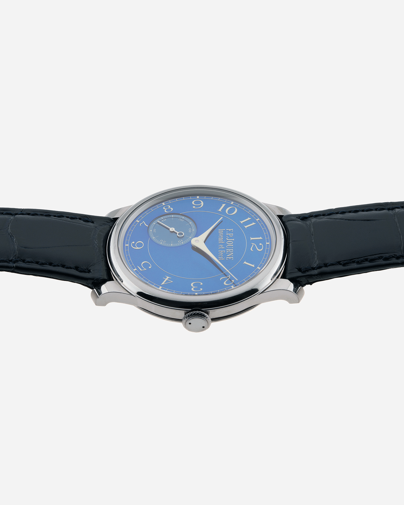 Brand: F.P. Journe Year: 2016 Model: Chronometre Bleu Material: Tantalum Movement: in-house FPJ calibre 1304 Case Diameter: 39mm Bracelet/Strap: F.P. Journe Blue Alligator and Tantalum Tang Buckle