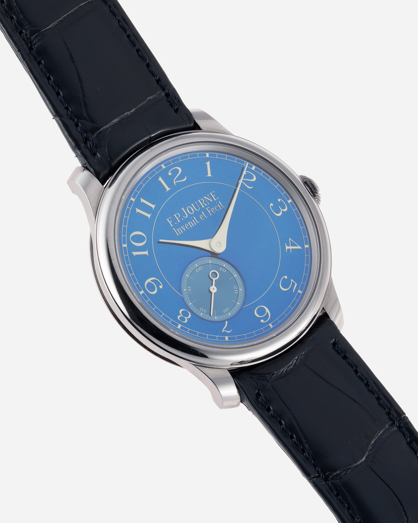 Brand: F.P. Journe Year: 2016 Model: Chronometre Bleu Material: Tantalum Movement: in-house FPJ calibre 1304 Case Diameter: 39mm Bracelet/Strap: F.P. Journe Blue Alligator and Tantalum Tang Buckle