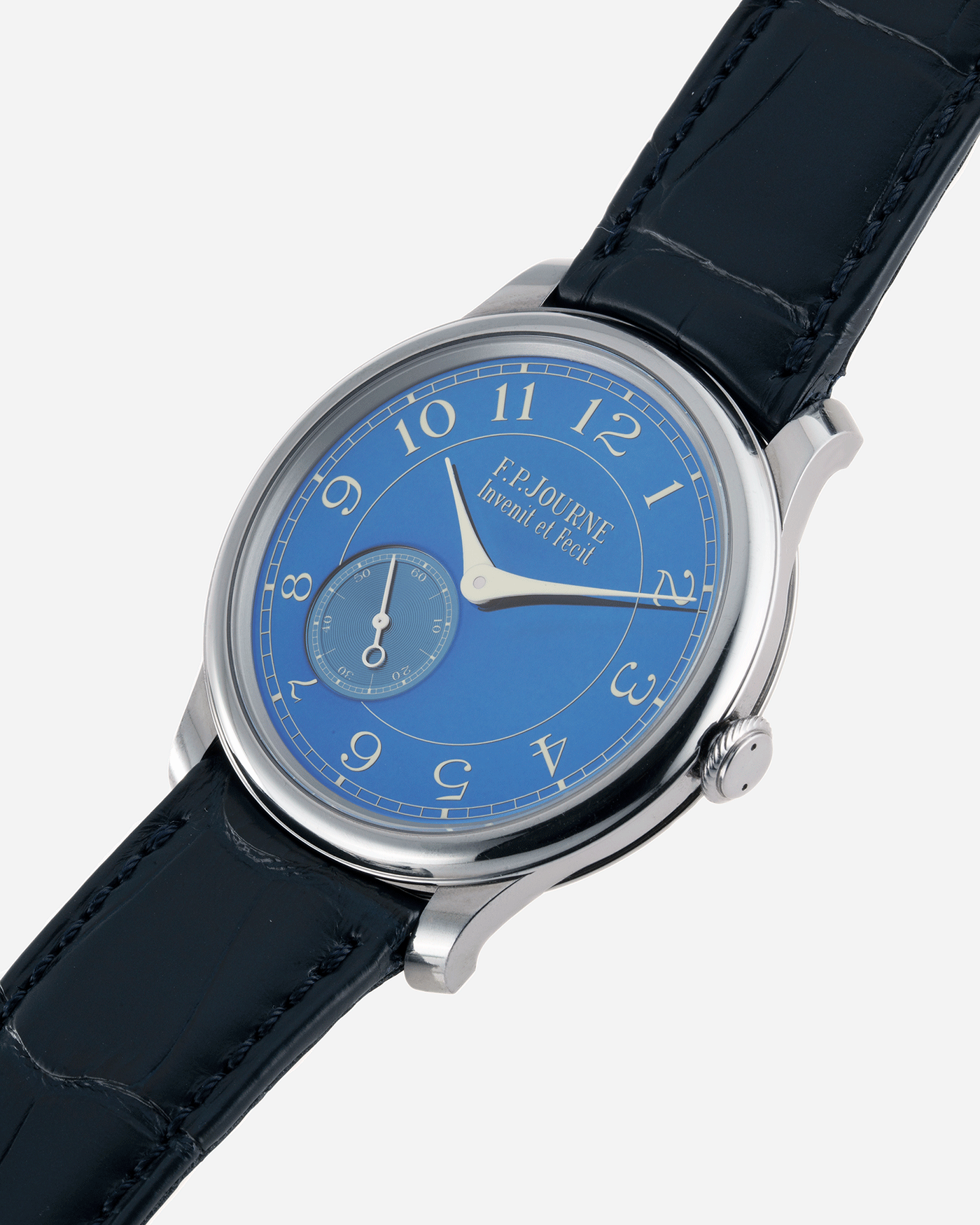 Brand: F.P. Journe Year: 2016 Model: Chronometre Bleu Material: Tantalum Movement: in-house FPJ calibre 1304 Case Diameter: 39mm Bracelet/Strap: F.P. Journe Blue Alligator and Tantalum Tang Buckle