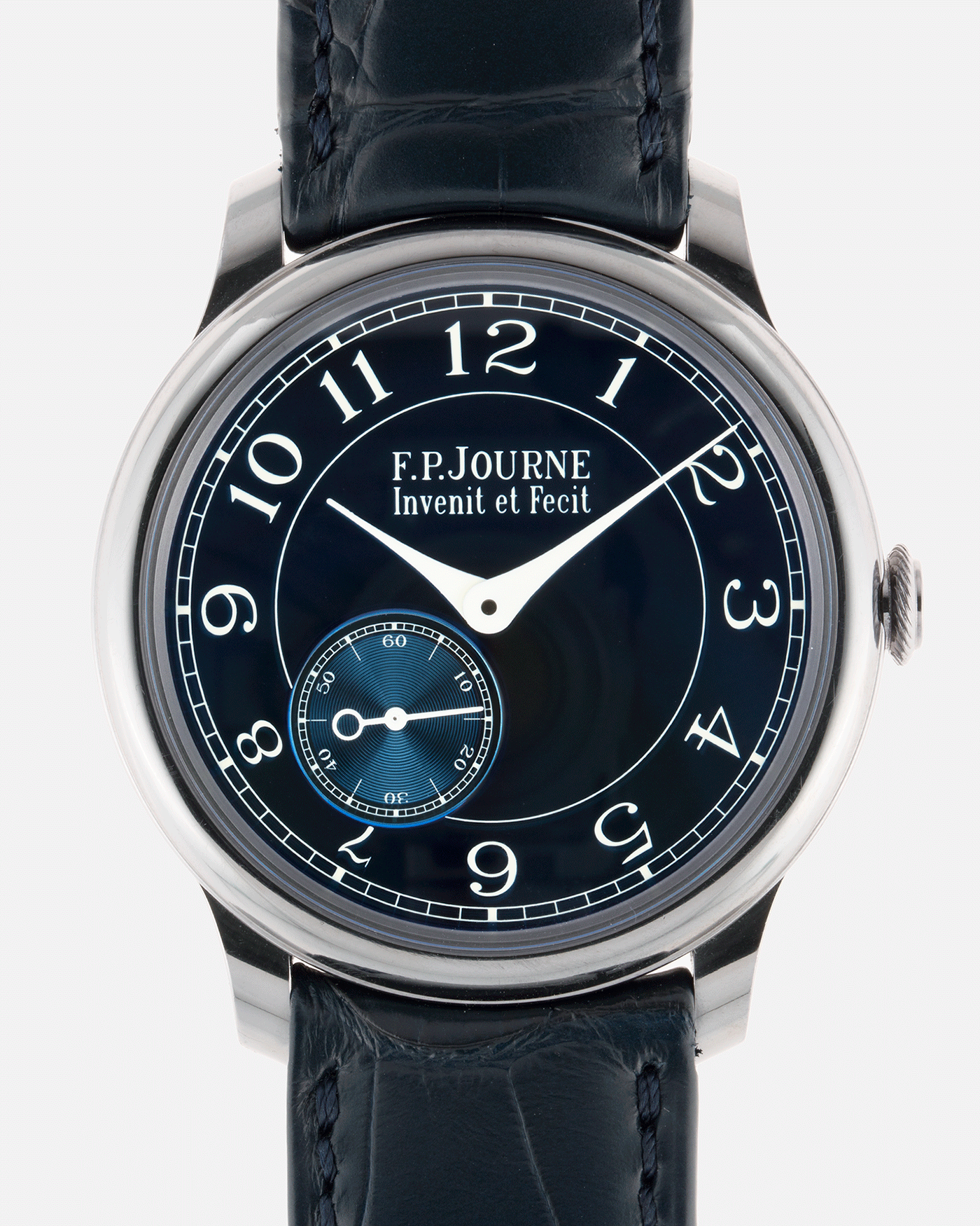 Brand: F.P. Journe Year: 2016 Model: Chronometre Bleu Material: Tantalum Movement: in-house FPJ calibre 1304 Case Diameter: 39mm Bracelet/Strap: F.P. Journe Blue Alligator and Tantalum Tang Buckle