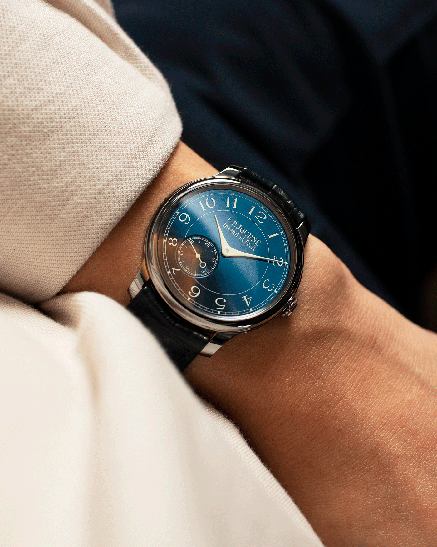 Brand: F.P. Journe Year: 2019 Model: Chronometre Bleu Material: Tantalum Movement: in-house FPJ calibre 1304 Case Diameter: 39mm Bracelet/Strap: F.P. Journe Blue Alligator and Tantalum Tang Buckle