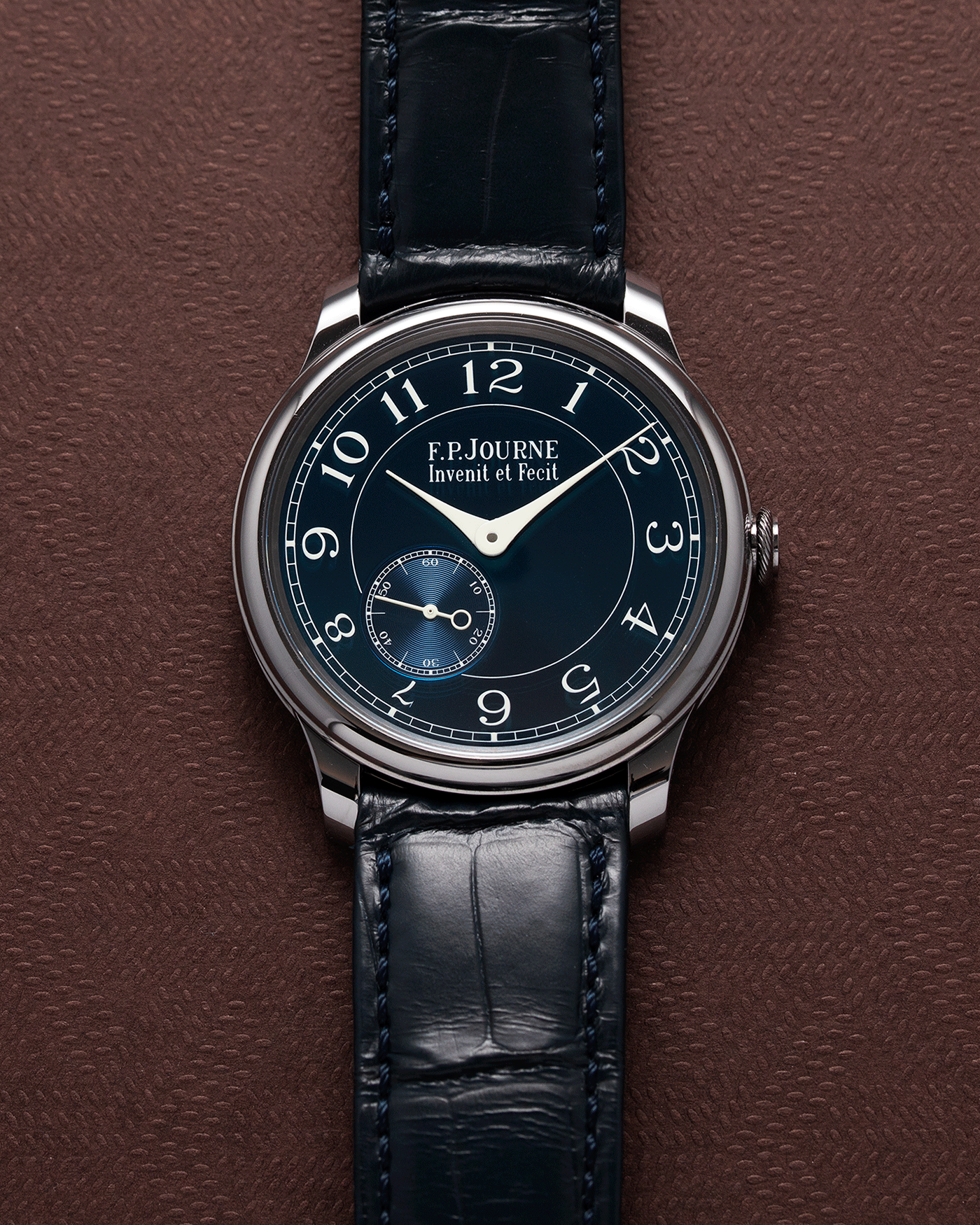 Brand: F.P. Journe Year: 2019 Model: Chronometre Bleu Material: Tantalum Movement: in-house FPJ calibre 1304 Case Diameter: 39mm Bracelet/Strap: F.P. Journe Blue Alligator and Tantalum Tang Buckle
