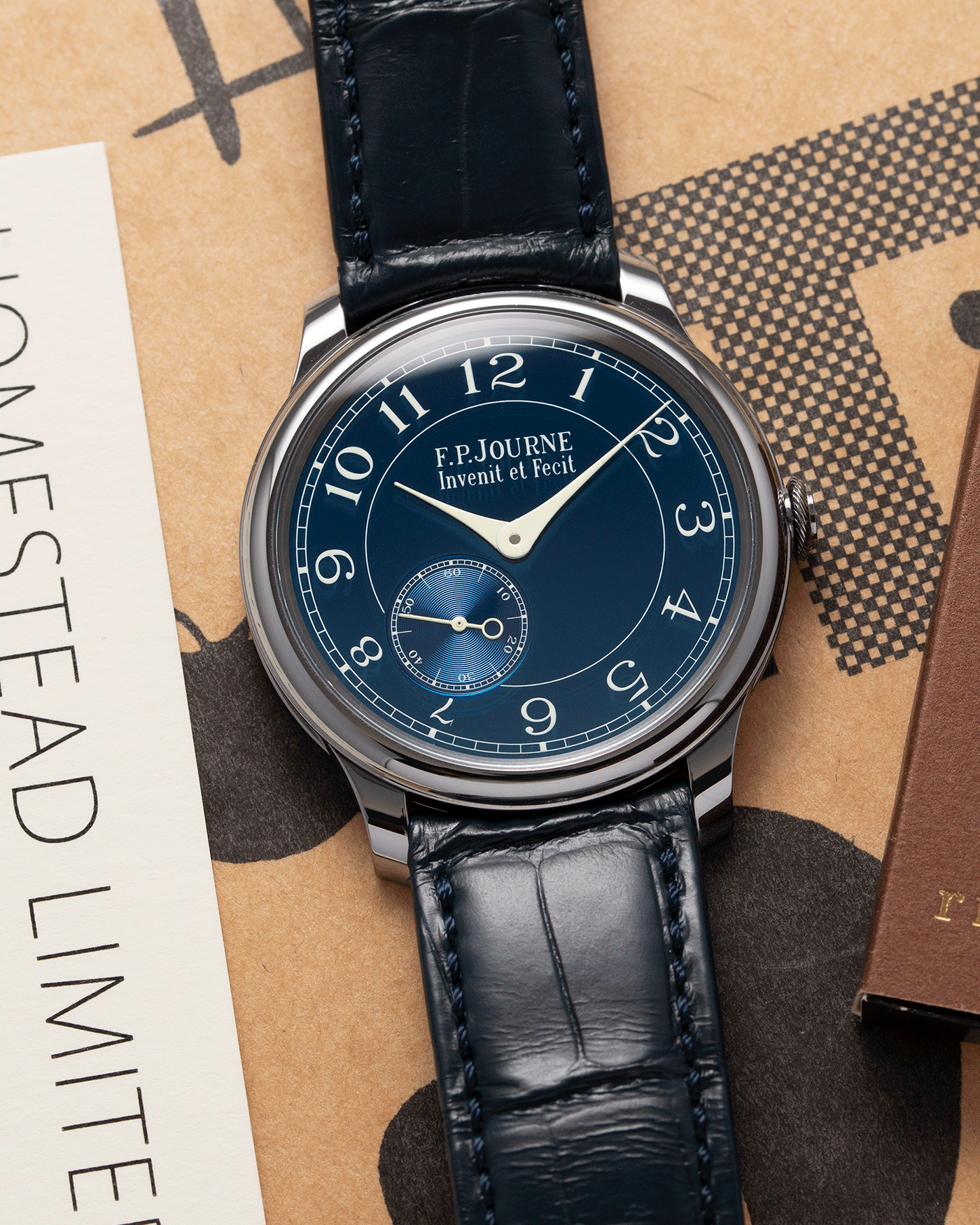 Brand: F.P. Journe Year: 2019 Model: Chronometre Bleu Material: Tantalum Movement: in-house FPJ calibre 1304 Case Diameter: 39mm Bracelet/Strap: F.P. Journe Blue Alligator and Tantalum Tang Buckle
