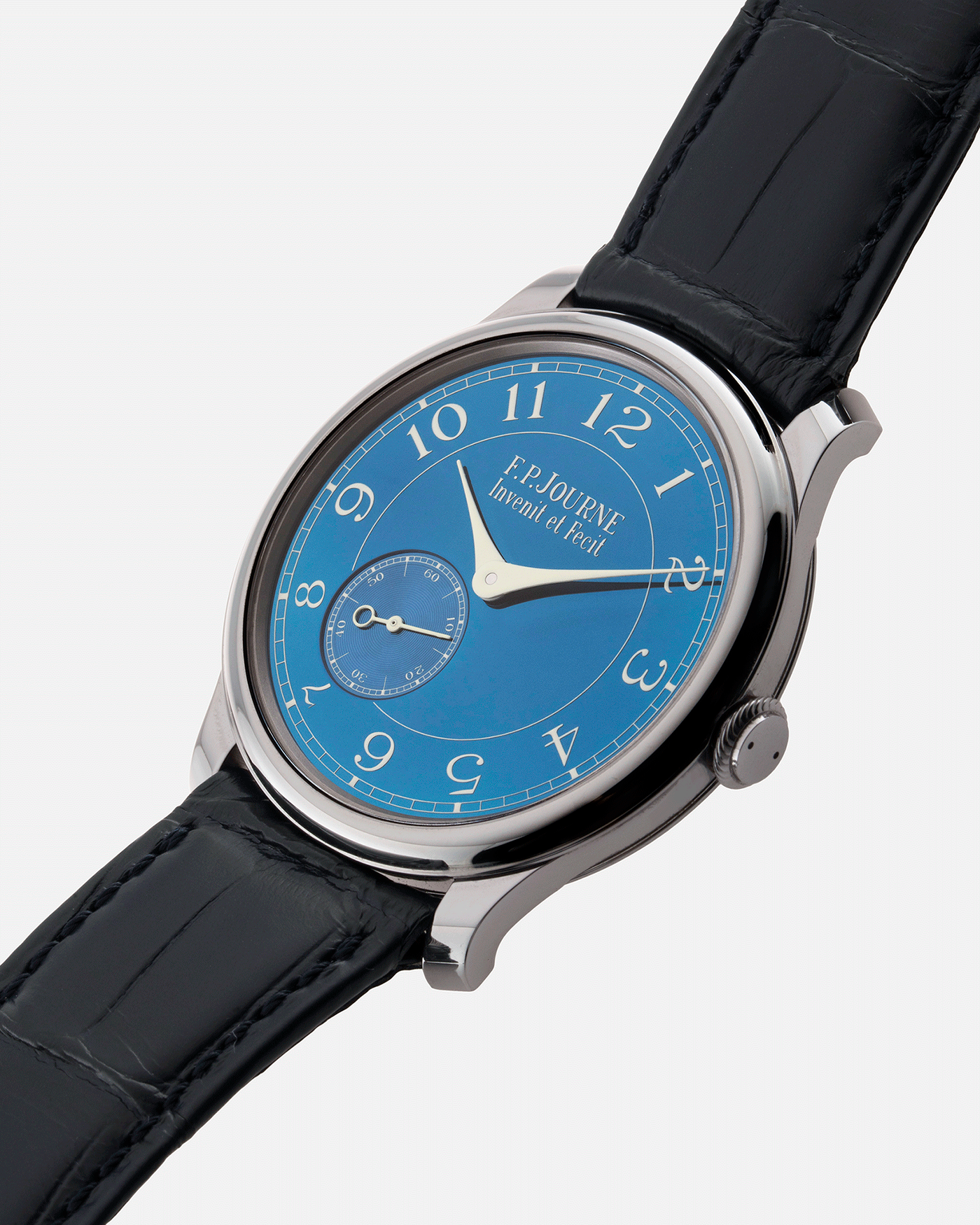 Brand: F.P. Journe Year: 2019 Model: Chronometre Bleu Material: Tantalum Movement: in-house FPJ calibre 1304 Case Diameter: 39mm Bracelet/Strap: F.P. Journe Blue Alligator and Tantalum Tang Buckle