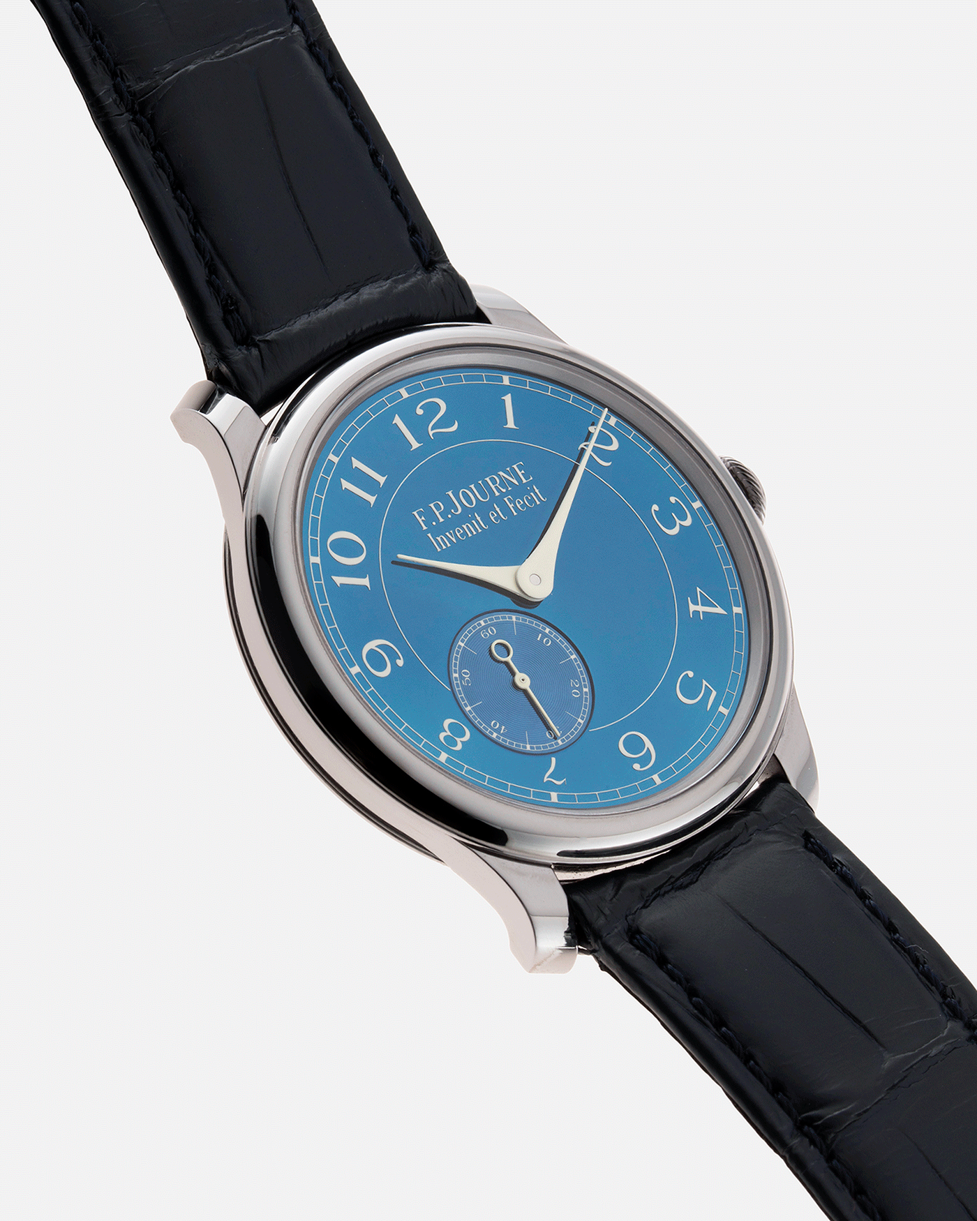 Brand: F.P. Journe Year: 2019 Model: Chronometre Bleu Material: Tantalum Movement: in-house FPJ calibre 1304 Case Diameter: 39mm Bracelet/Strap: F.P. Journe Blue Alligator and Tantalum Tang Buckle