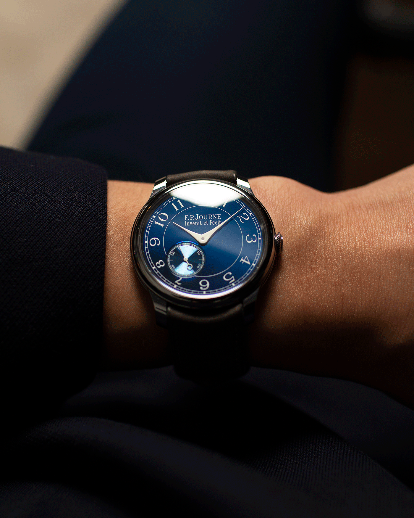 Brand: F.P. Journe Year: 2016 Model: Chronometre Bleu Material: Tantalum Movement: in-house FPJ calibre 1304 Case Diameter: 39mm Bracelet/Strap: A Collected Man Grey Nubuck Strap and F.P. Journe Brown Alligator and Tantalum Tang Buckle