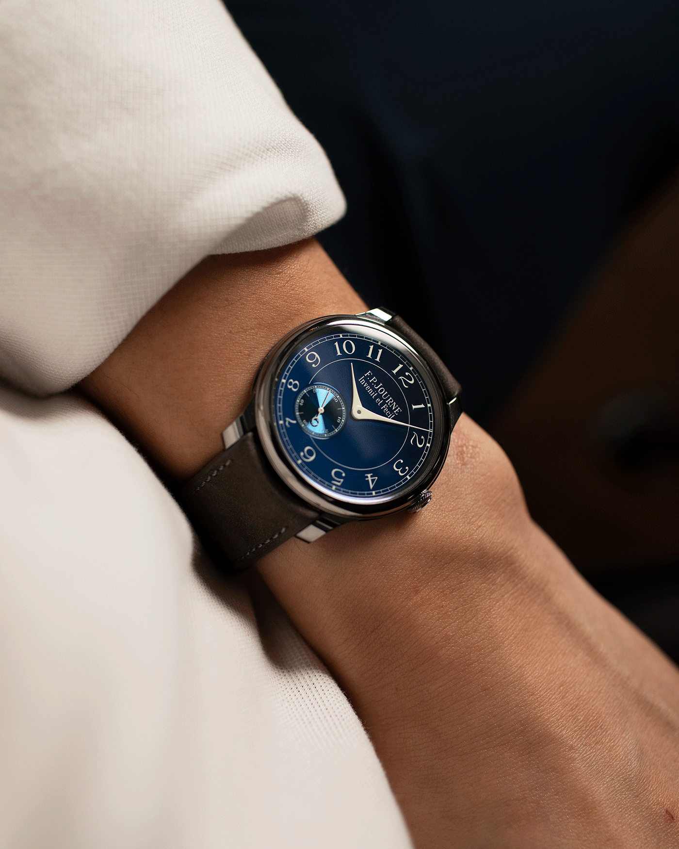 Brand: F.P. Journe Year: 2016 Model: Chronometre Bleu Material: Tantalum Movement: in-house FPJ calibre 1304 Case Diameter: 39mm Bracelet/Strap: A Collected Man Grey Nubuck Strap and F.P. Journe Brown Alligator and Tantalum Tang Buckle