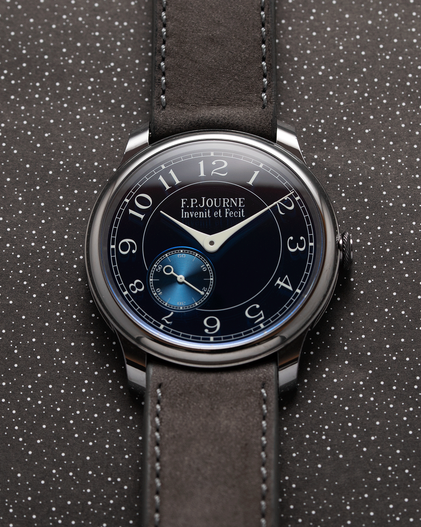Brand: F.P. Journe Year: 2016 Model: Chronometre Bleu Material: Tantalum Movement: in-house FPJ calibre 1304 Case Diameter: 39mm Bracelet/Strap: A Collected Man Grey Nubuck Strap and F.P. Journe Brown Alligator and Tantalum Tang Buckle