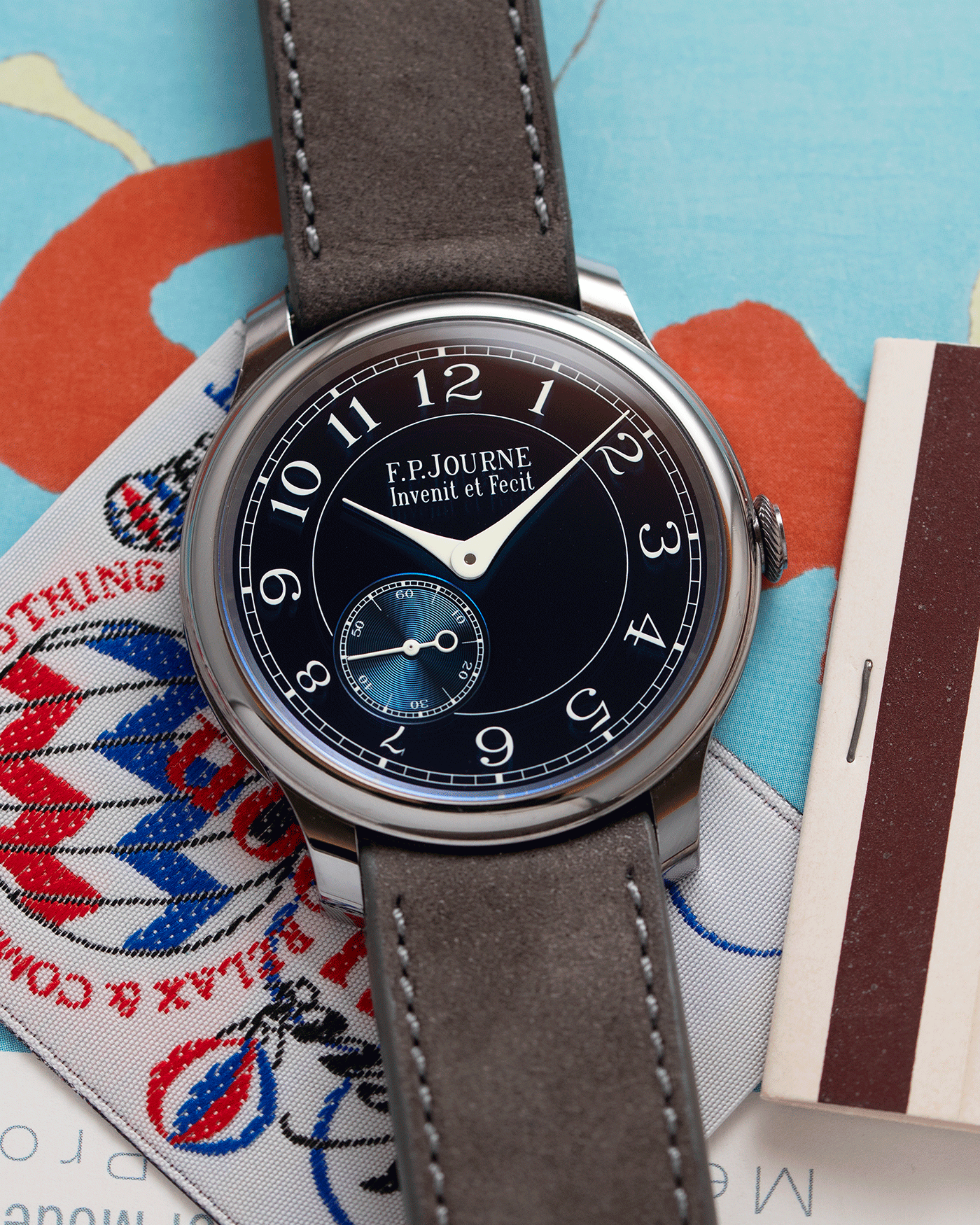 Brand: F.P. Journe Year: 2016 Model: Chronometre Bleu Material: Tantalum Movement: in-house FPJ calibre 1304 Case Diameter: 39mm Bracelet/Strap: A Collected Man Grey Nubuck Strap and F.P. Journe Brown Alligator and Tantalum Tang Buckle
