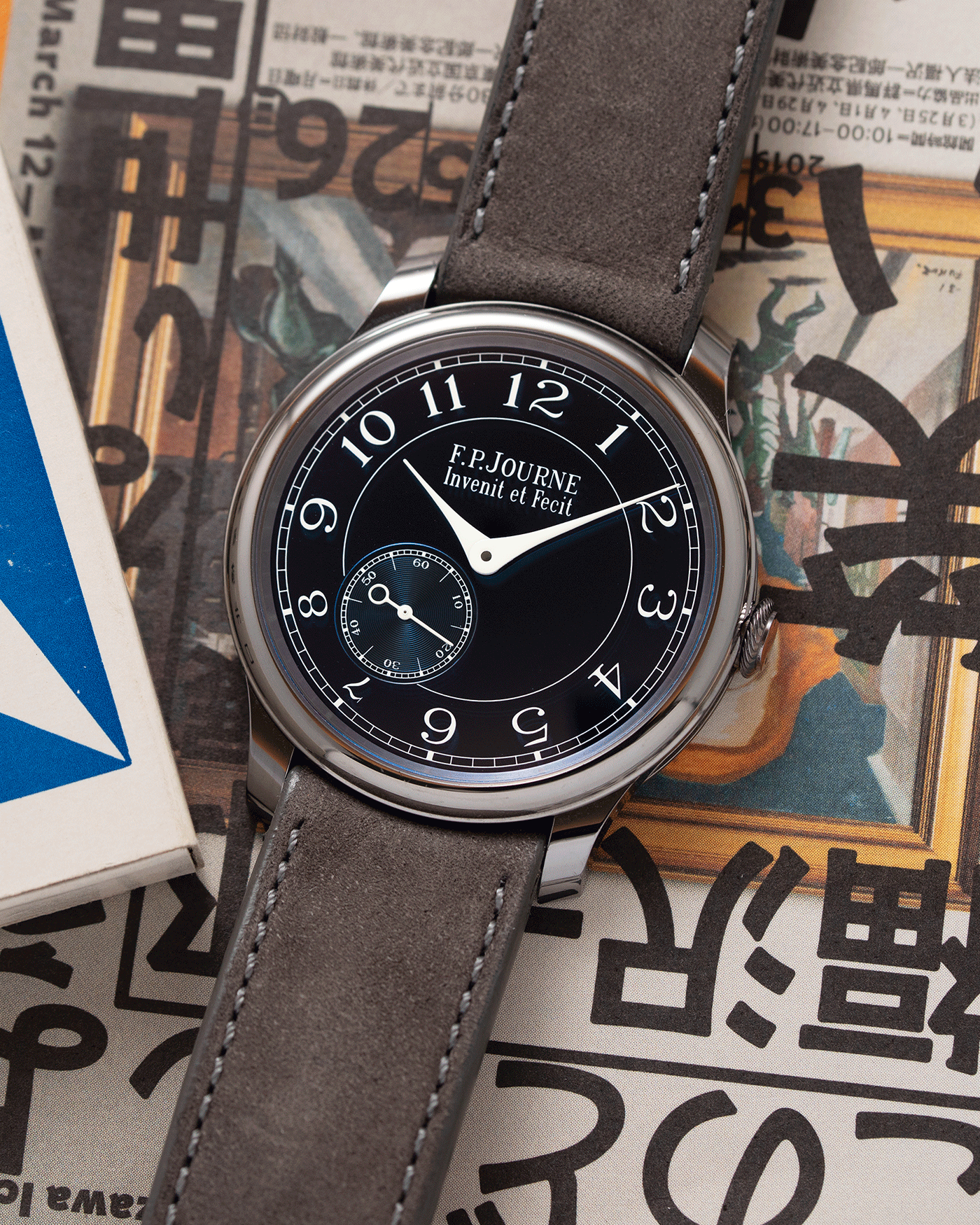 Brand: F.P. Journe Year: 2016 Model: Chronometre Bleu Material: Tantalum Movement: in-house FPJ calibre 1304 Case Diameter: 39mm Bracelet/Strap: A Collected Man Grey Nubuck Strap and F.P. Journe Brown Alligator and Tantalum Tang Buckle