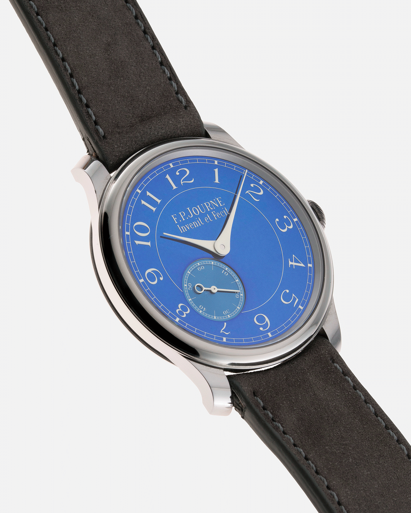 Brand: F.P. Journe Year: 2016 Model: Chronometre Bleu Material: Tantalum Movement: in-house FPJ calibre 1304 Case Diameter: 39mm Bracelet/Strap: A Collected Man Grey Nubuck Strap and F.P. Journe Brown Alligator and Tantalum Tang Buckle