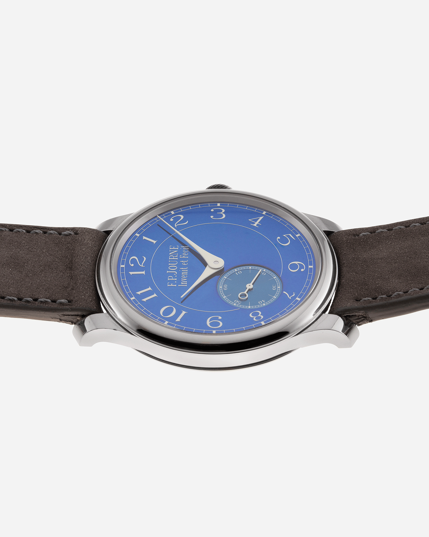 Brand: F.P. Journe Year: 2016 Model: Chronometre Bleu Material: Tantalum Movement: in-house FPJ calibre 1304 Case Diameter: 39mm Bracelet/Strap: A Collected Man Grey Nubuck Strap and F.P. Journe Brown Alligator and Tantalum Tang Buckle