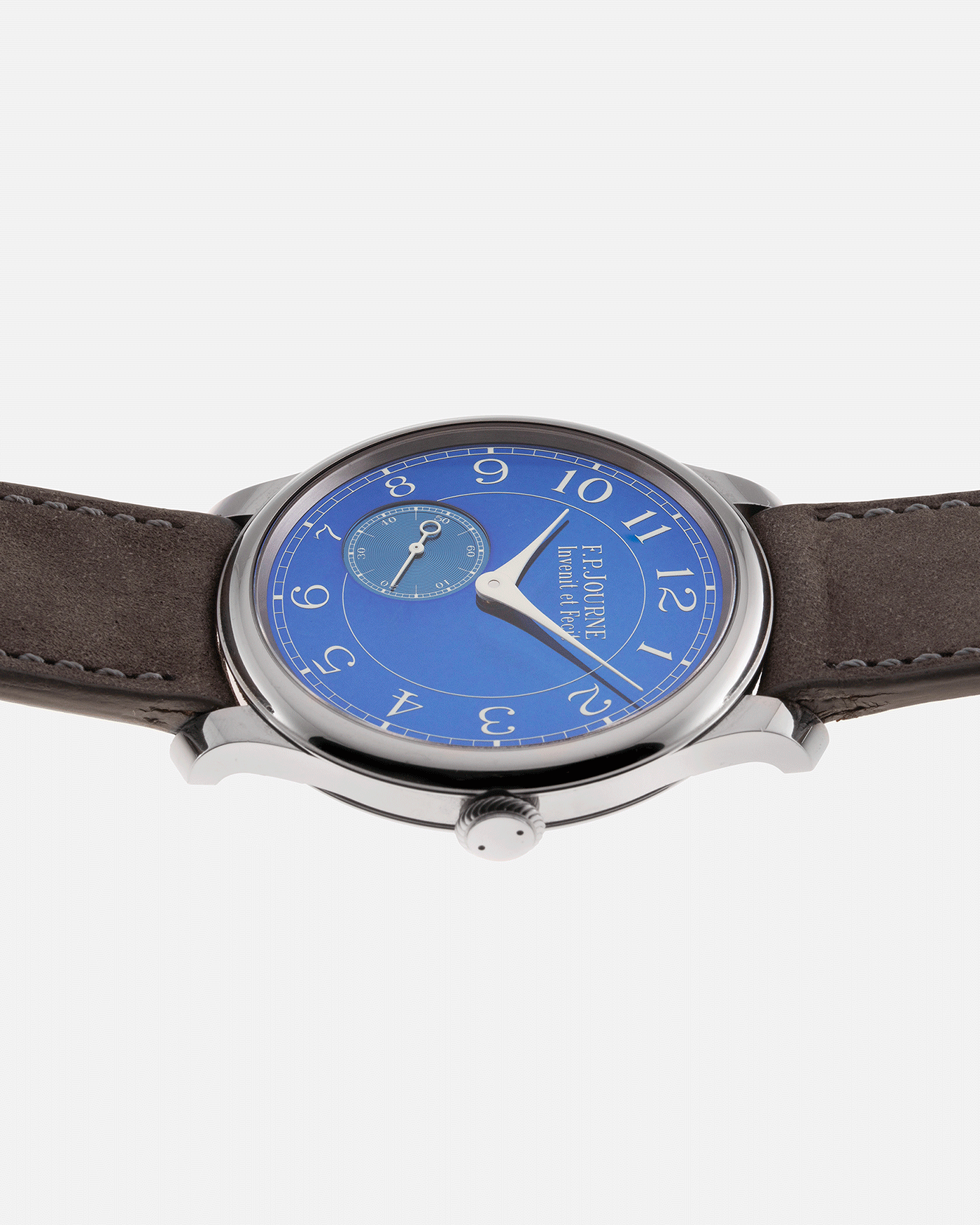 Brand: F.P. Journe Year: 2016 Model: Chronometre Bleu Material: Tantalum Movement: in-house FPJ calibre 1304 Case Diameter: 39mm Bracelet/Strap: A Collected Man Grey Nubuck Strap and F.P. Journe Brown Alligator and Tantalum Tang Buckle