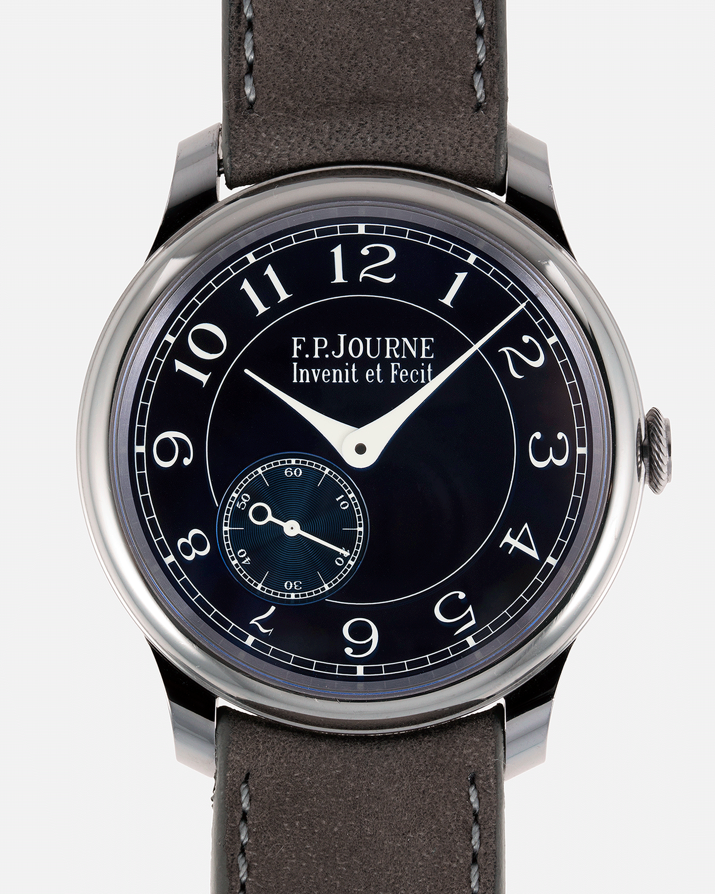 Brand: F.P. Journe Year: 2016 Model: Chronometre Bleu Material: Tantalum Movement: in-house FPJ calibre 1304 Case Diameter: 39mm Bracelet/Strap: A Collected Man Grey Nubuck Strap and F.P. Journe Brown Alligator and Tantalum Tang Buckle