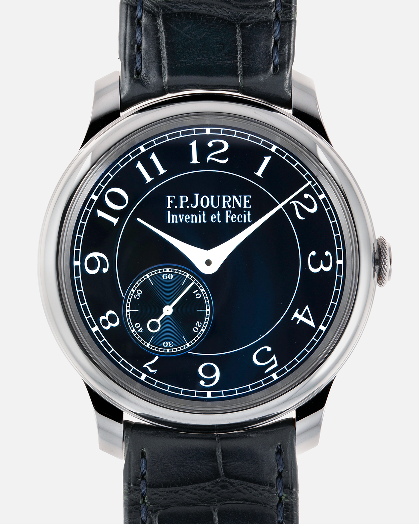 Brand: F.P. Journe Year: 2016 Model: Chronometre Bleu Material: Tantalum Movement: in-house FPJ caliber 1304 Case Diameter: 39mm Bracelet/Strap: F.P. Journe Blue Alligator and Tantalum Tang Buckle