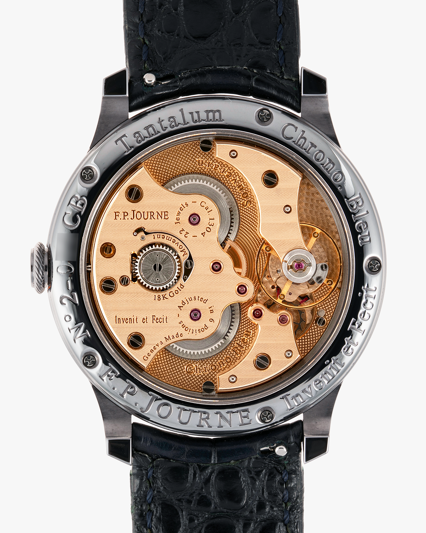 Brand: F.P. Journe Year: 2016 Model: Chronometre Bleu Material: Tantalum Movement: in-house FPJ caliber 1304 Case Diameter: 39mm Bracelet/Strap: F.P. Journe Blue Alligator and Tantalum Tang Buckle