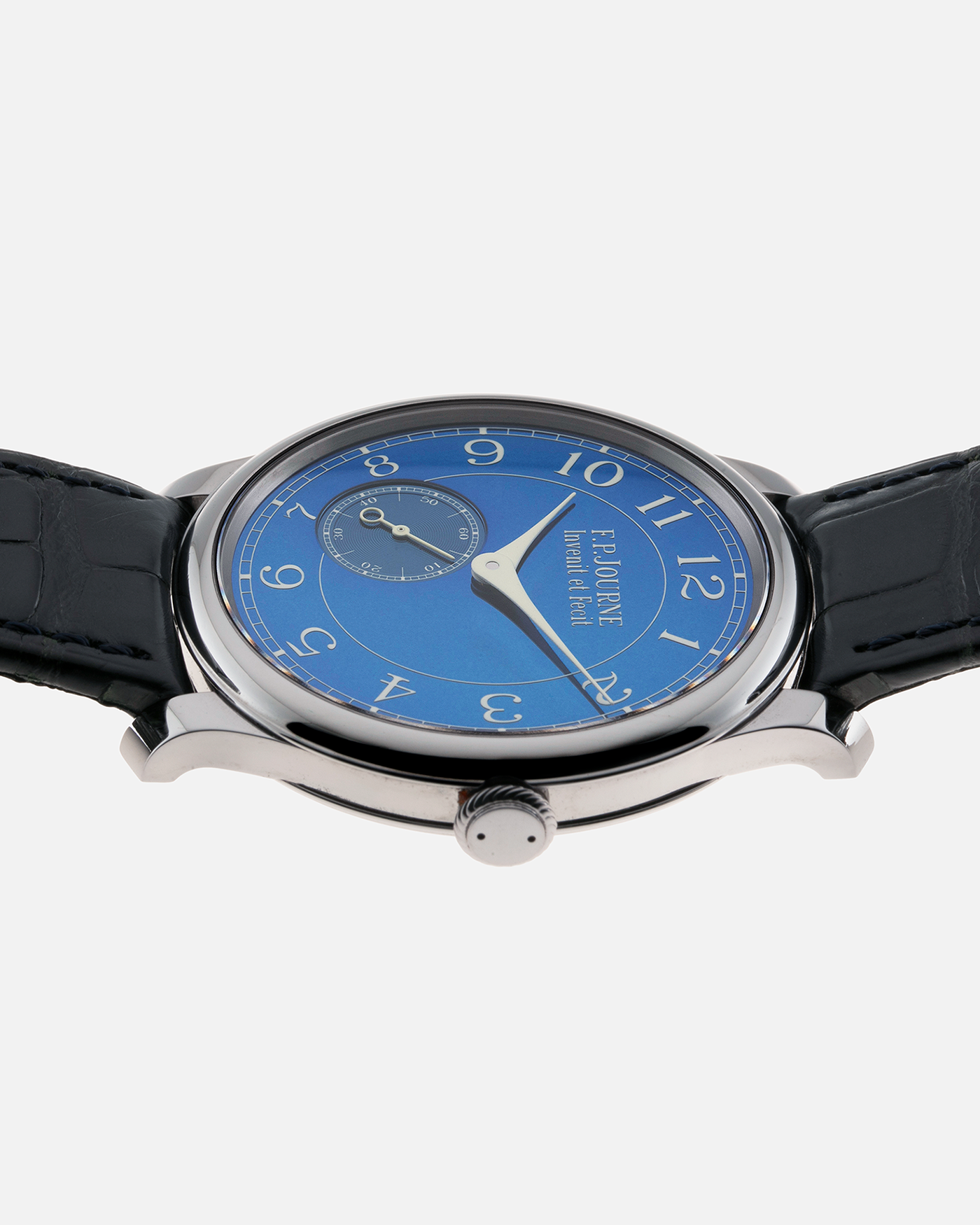 Brand: F.P. Journe Year: 2016 Model: Chronometre Bleu Material: Tantalum Movement: in-house FPJ caliber 1304 Case Diameter: 39mm Bracelet/Strap: F.P. Journe Blue Alligator and Tantalum Tang Buckle