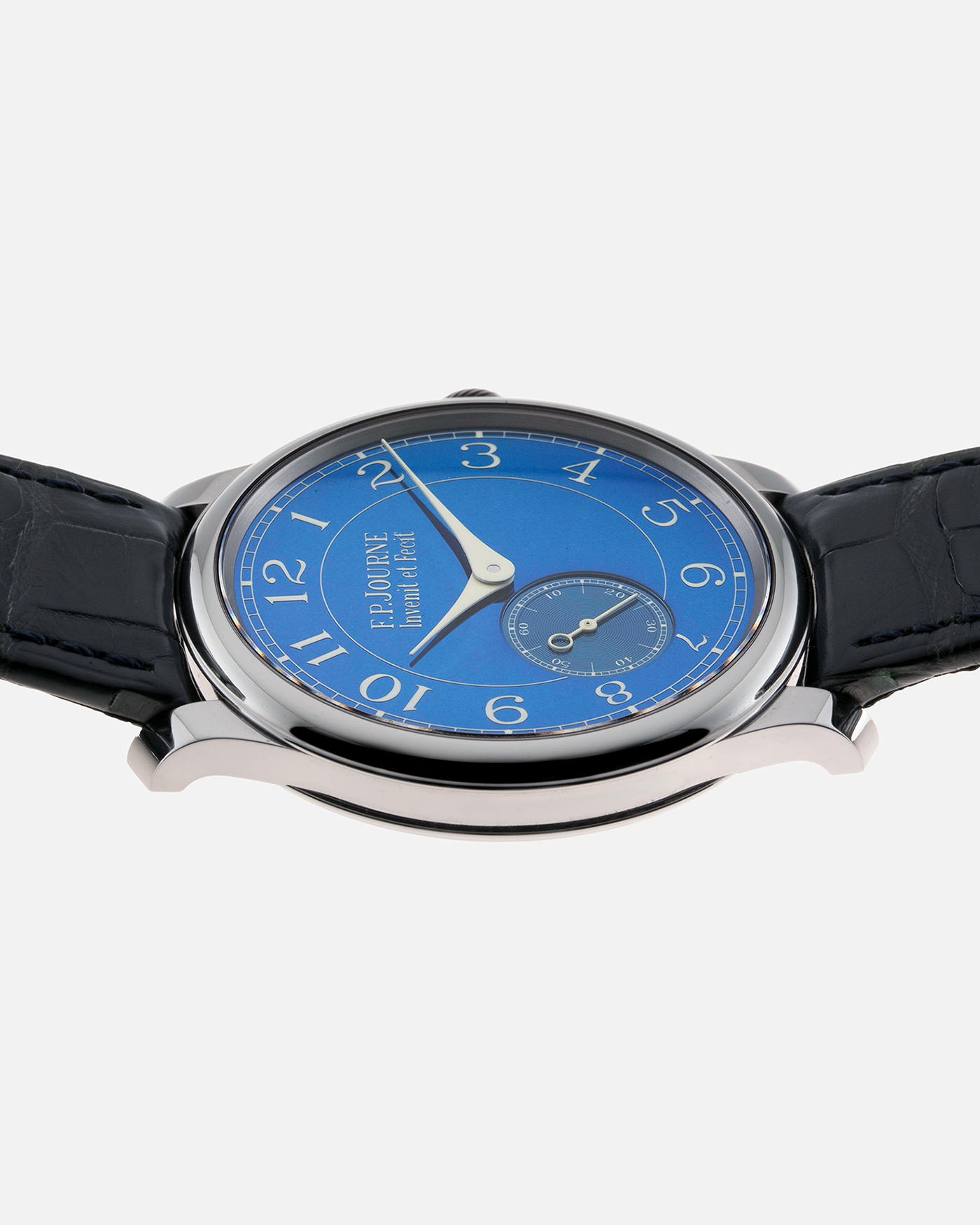 Brand: F.P. Journe Year: 2016 Model: Chronometre Bleu Material: Tantalum Movement: in-house FPJ caliber 1304 Case Diameter: 39mm Bracelet/Strap: F.P. Journe Blue Alligator and Tantalum Tang Buckle