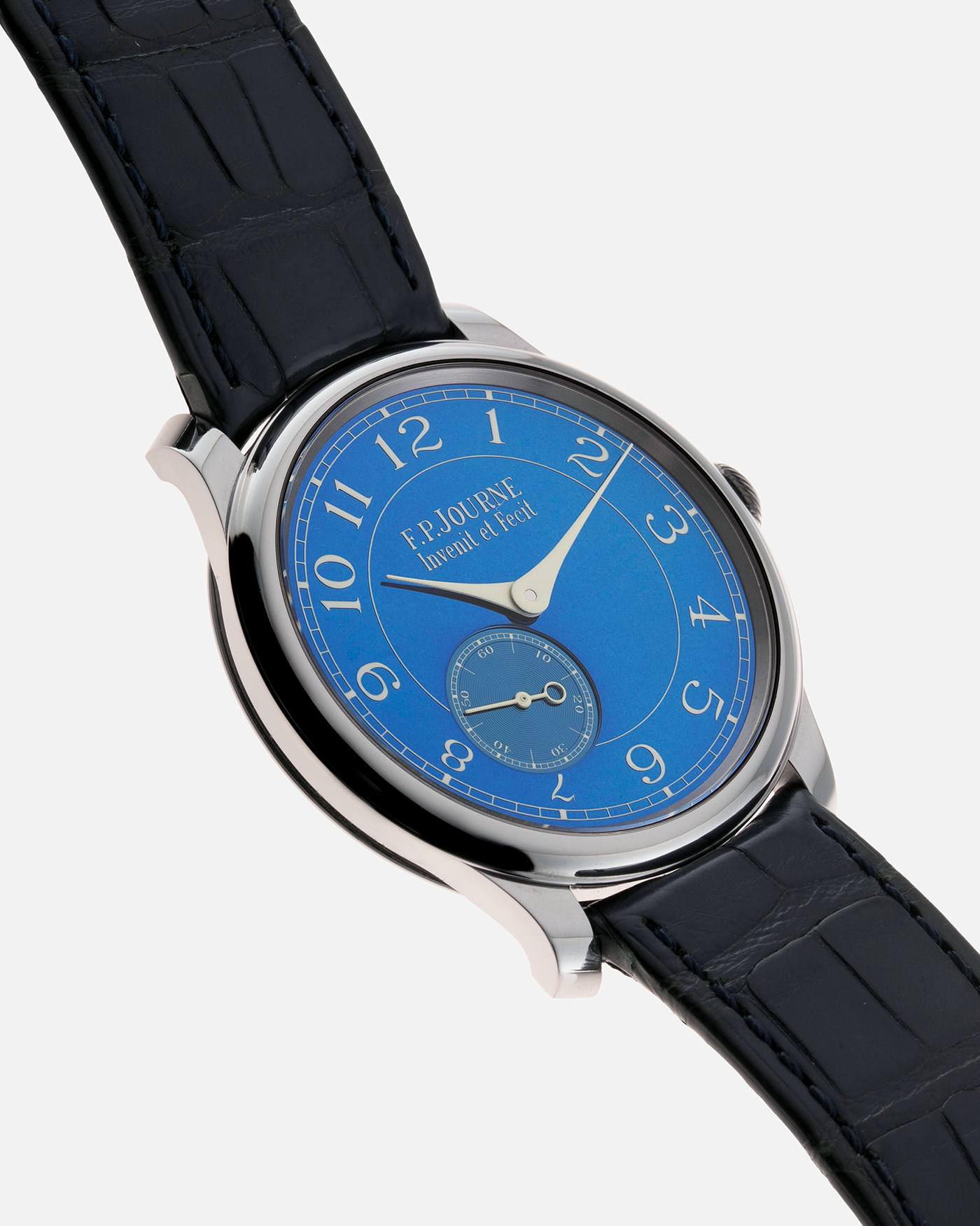 Brand: F.P. Journe Year: 2016 Model: Chronometre Bleu Material: Tantalum Movement: in-house FPJ caliber 1304 Case Diameter: 39mm Bracelet/Strap: F.P. Journe Blue Alligator and Tantalum Tang Buckle