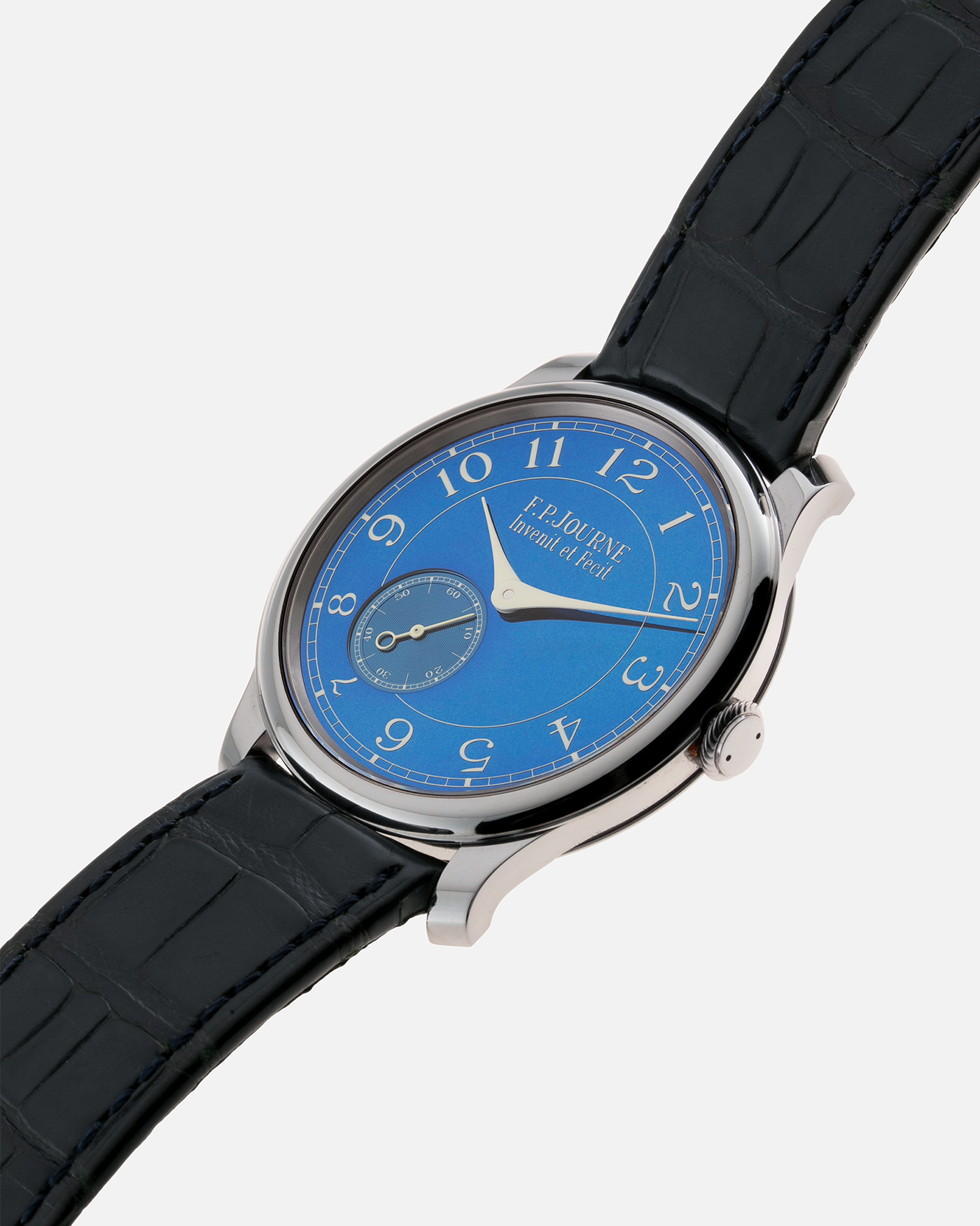 Brand: F.P. Journe Year: 2016 Model: Chronometre Bleu Material: Tantalum Movement: in-house FPJ caliber 1304 Case Diameter: 39mm Bracelet/Strap: F.P. Journe Blue Alligator and Tantalum Tang Buckle