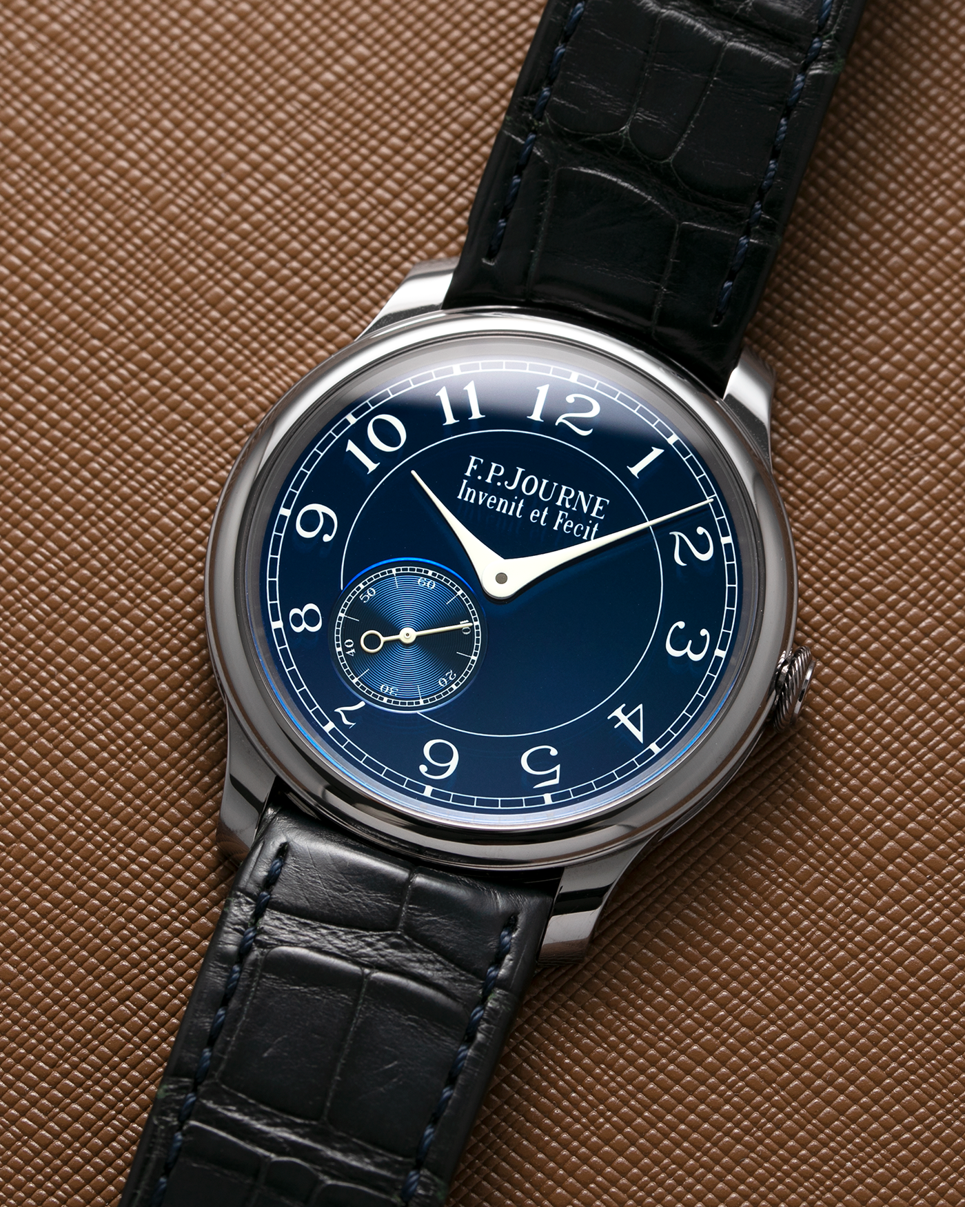 Brand: F.P. Journe Year: 2016 Model: Chronometre Bleu Material: Tantalum Movement: in-house FPJ caliber 1304 Case Diameter: 39mm Bracelet/Strap: F.P. Journe Blue Alligator and Tantalum Tang Buckle