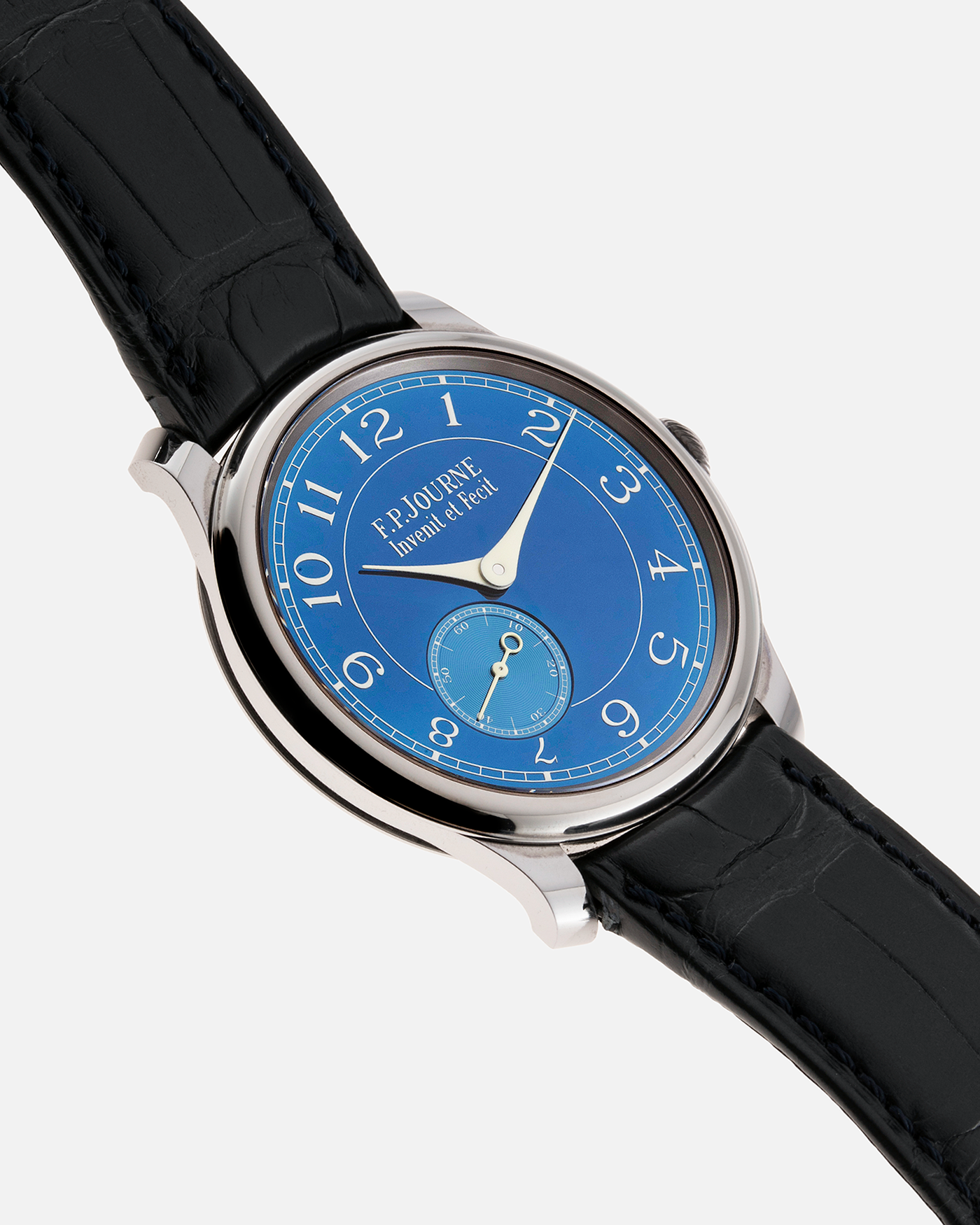 Brand: F.P. Journe Year: 2018 Model: Chronometre Bleu Material: Tantalum Movement: in-house FPJ caliber 1304 Case Diameter: 39mm Bracelet/Strap: F.P. Journe Blue Alligator and Tantalum Tang Buckle