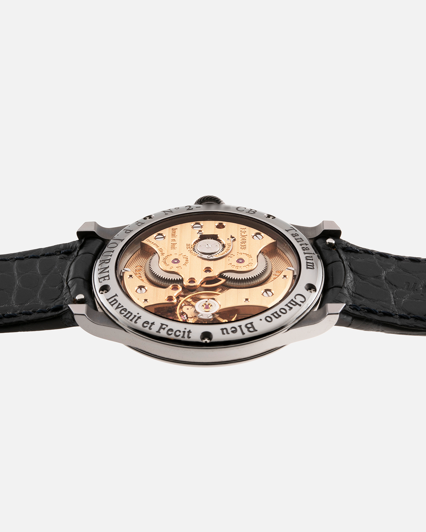 Brand: F.P. Journe Year: 2018 Model: Chronometre Bleu Material: Tantalum Movement: in-house FPJ caliber 1304 Case Diameter: 39mm Bracelet/Strap: F.P. Journe Blue Alligator and Tantalum Tang Buckle