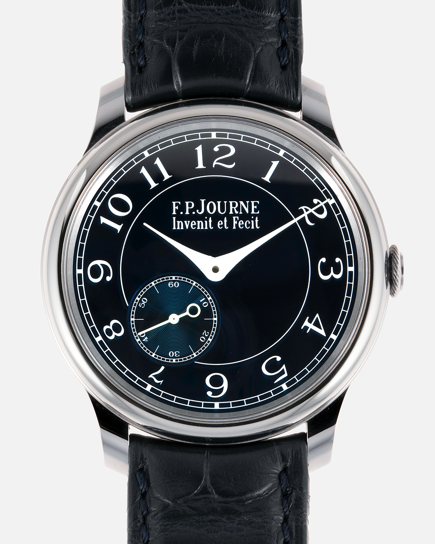 Brand: F.P. Journe Year: 2018 Model: Chronometre Bleu Material: Tantalum Movement: in-house FPJ caliber 1304 Case Diameter: 39mm Bracelet/Strap: F.P. Journe Blue Alligator and Tantalum Tang Buckle