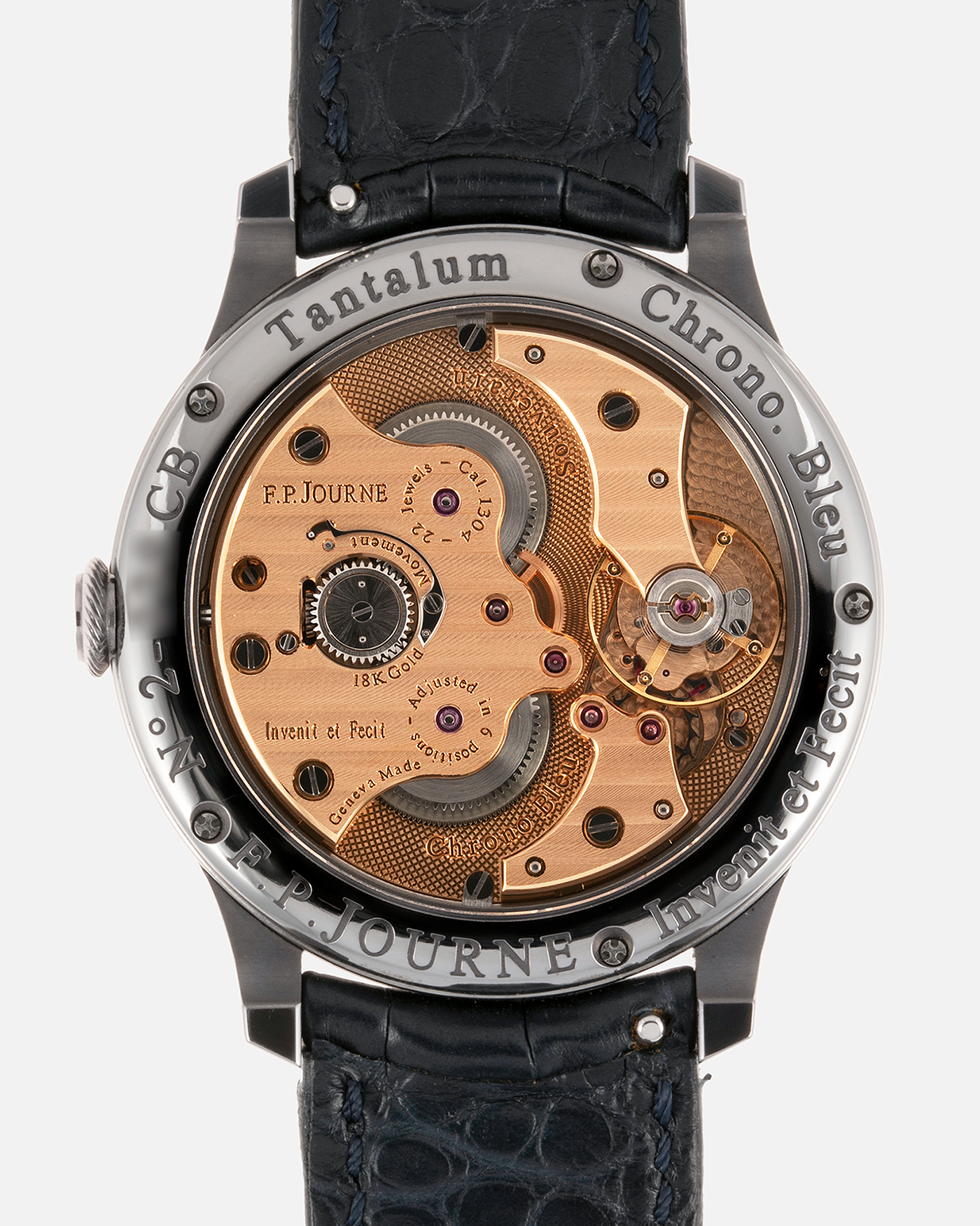Brand: F.P. Journe Year: 2018 Model: Chronometre Bleu Material: Tantalum Movement: in-house FPJ caliber 1304 Case Diameter: 39mm Bracelet/Strap: F.P. Journe Blue Alligator and Tantalum Tang Buckle