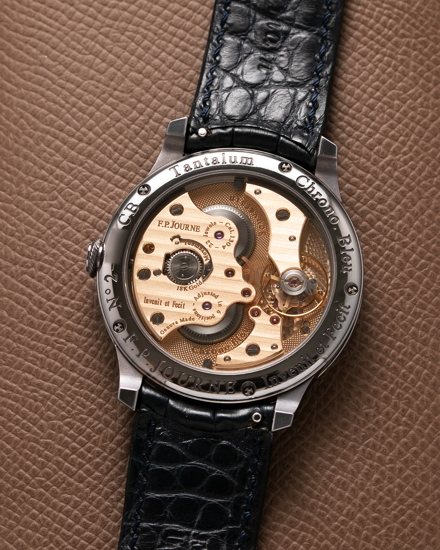 Brand: F.P. Journe Year: 2018 Model: Chronometre Bleu Material: Tantalum Movement: in-house FPJ caliber 1304 Case Diameter: 39mm Bracelet/Strap: F.P. Journe Blue Alligator and Tantalum Tang Buckle
