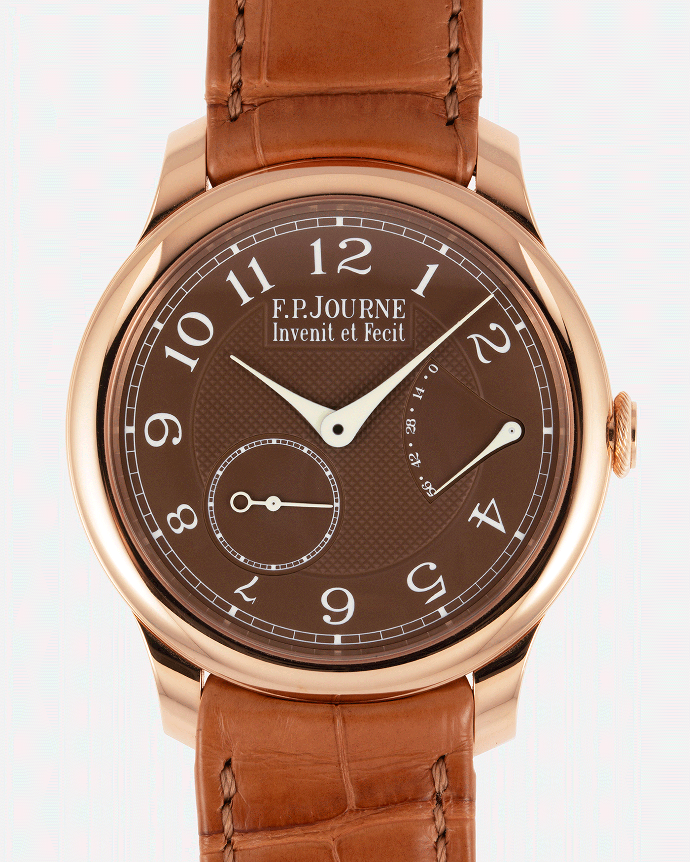 Brand: F.P. Journe Year: 2018 Model: Chronometre Souverain Havana  Material: 18k Rose Gold Movement: in-house FPJ calibre 1304 Case Diameter: 40mm Bracelet/Strap: F.P. Journe Brown Alligator and 18k Rose Gold Tang Buckle