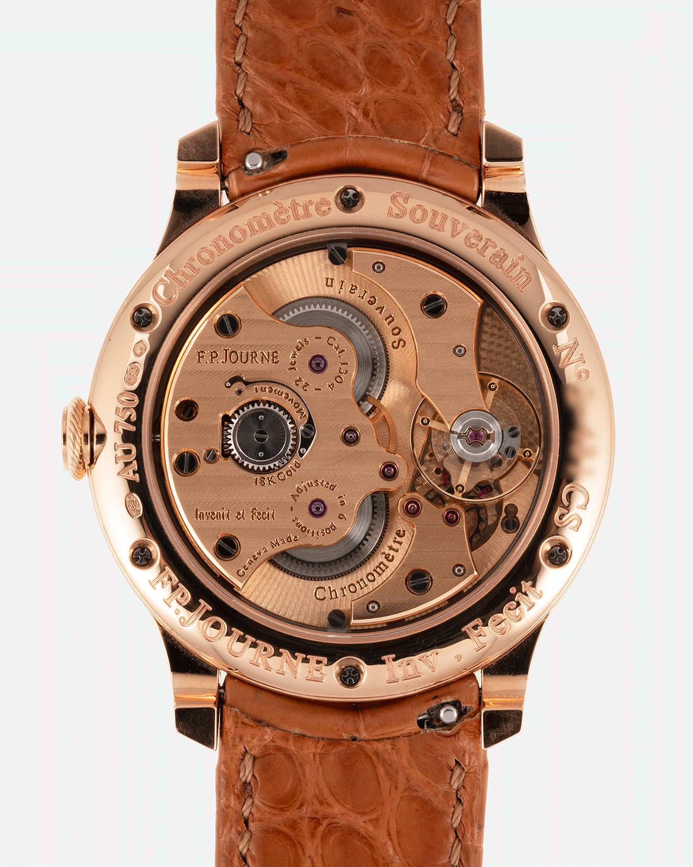 Brand: F.P. Journe Year: 2018 Model: Chronometre Souverain Havana  Material: 18k Rose Gold Movement: in-house FPJ calibre 1304 Case Diameter: 40mm Bracelet/Strap: F.P. Journe Brown Alligator and 18k Rose Gold Tang Buckle