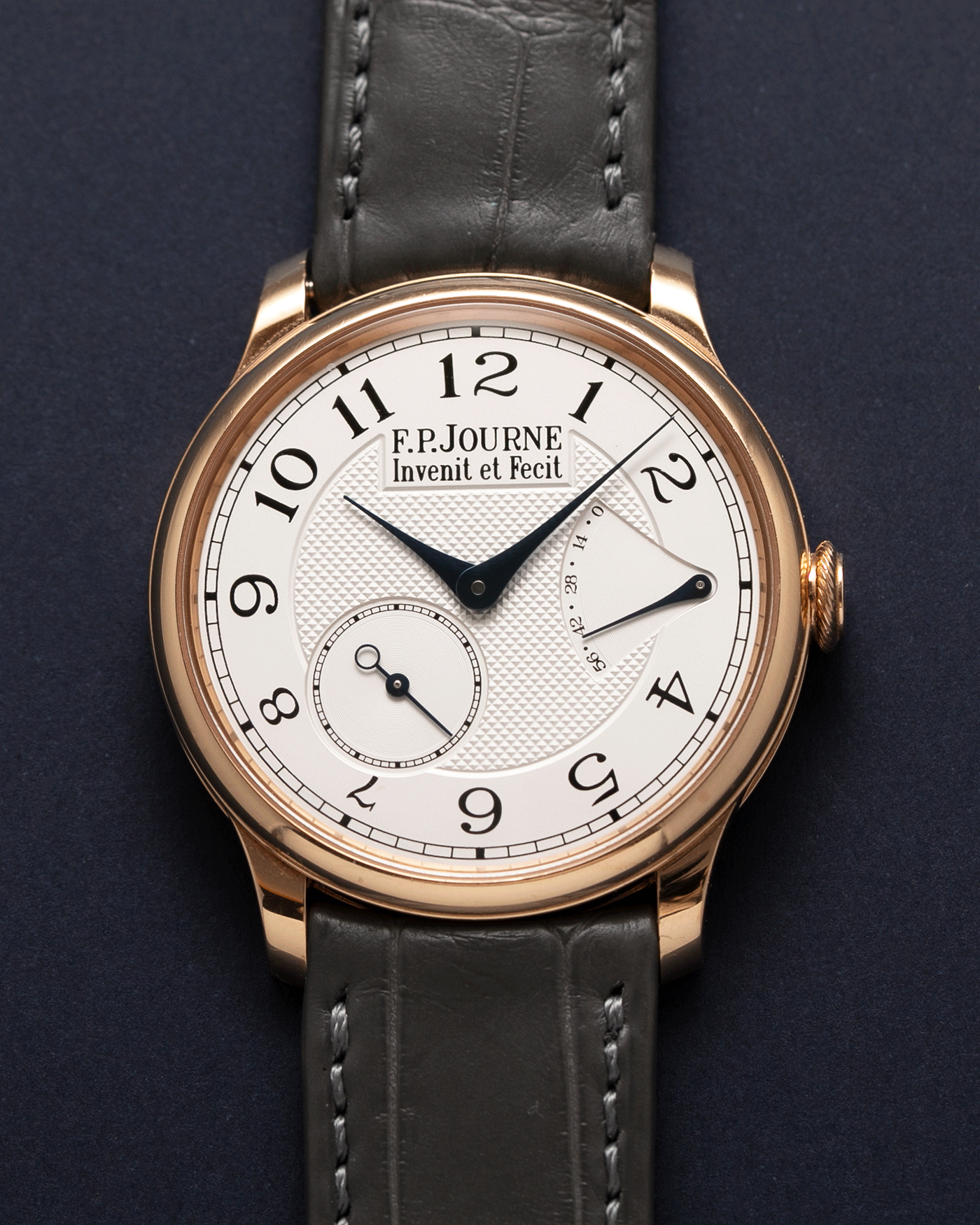 Brand: F.P. Journe Year: 2009 Model: Chronometre Souverain Material: 18k Rose Gold Movement: in-house FPJ calibre 1304 Case Diameter: 38mm Bracelet/Strap: F.P. Journe Grey Alligator and 18k Rose Gold Tang Buckle