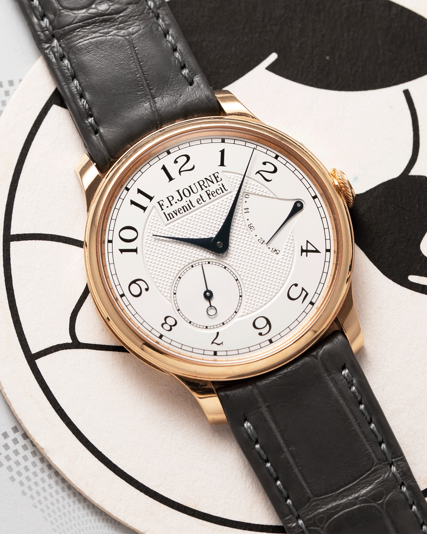 Brand: F.P. Journe Year: 2009 Model: Chronometre Souverain Material: 18k Rose Gold Movement: in-house FPJ calibre 1304 Case Diameter: 38mm Bracelet/Strap: F.P. Journe Grey Alligator and 18k Rose Gold Tang Buckle