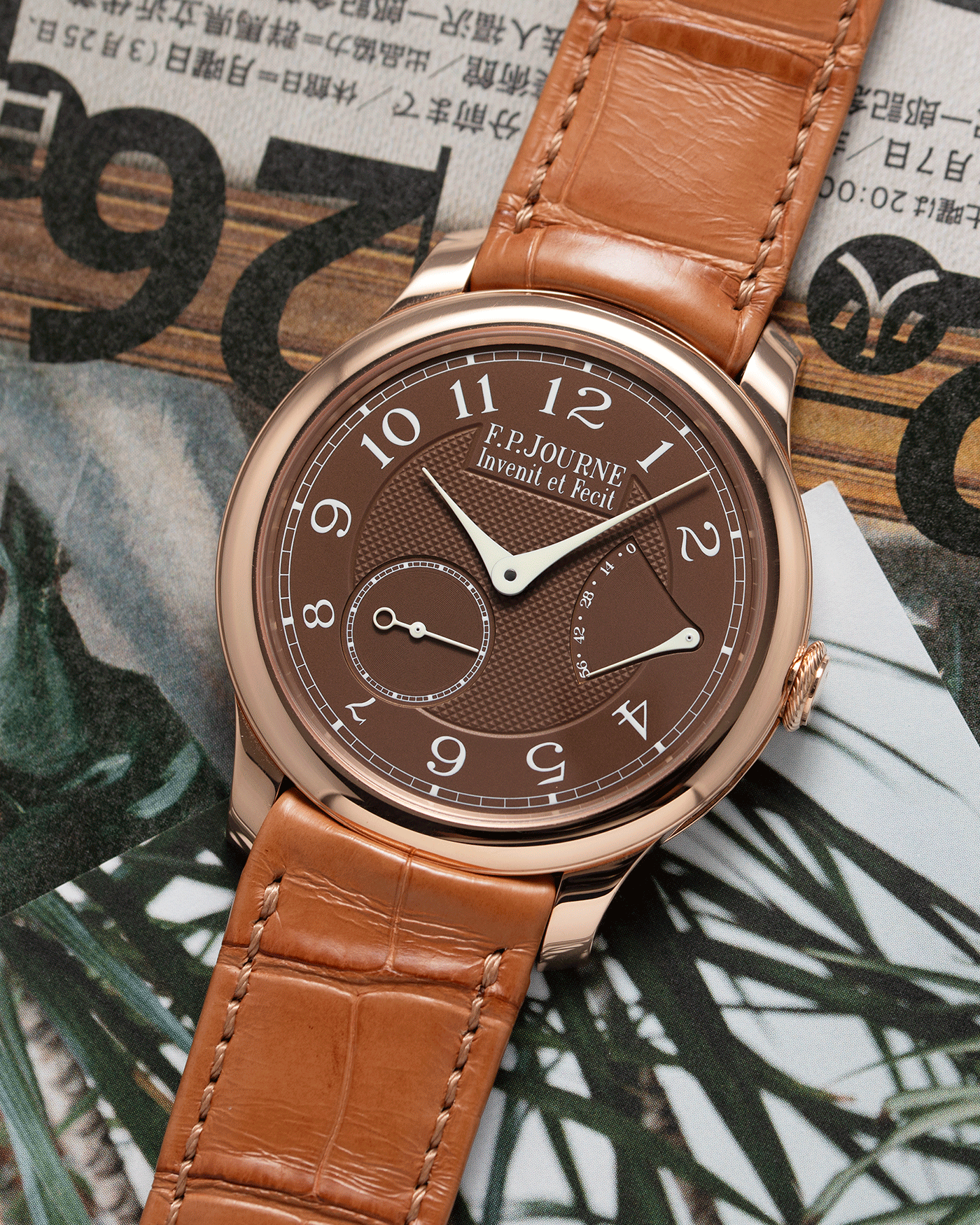 Brand: F.P. Journe Year: 2018 Model: Chronometre Souverain Havana  Material: 18k Rose Gold Movement: in-house FPJ calibre 1304 Case Diameter: 40mm Bracelet/Strap: F.P. Journe Brown Alligator and 18k Rose Gold Tang Buckle