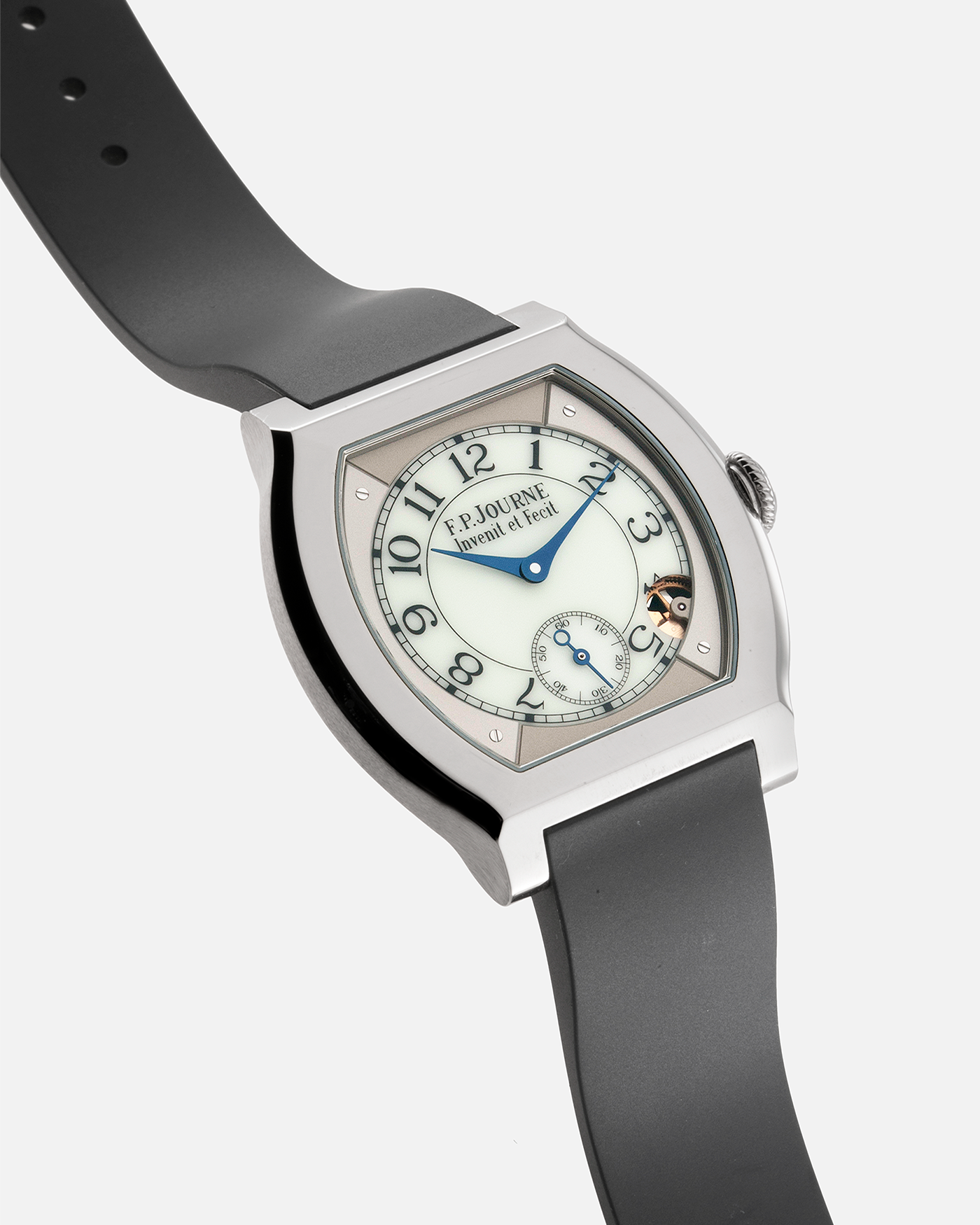 Brand: F.P. Journe Year: 2022 Model: Elegante 40 Material: Titanium Movement: FPJ Calibre 1210 Case Diameter: 40mm Bracelet/Strap: F.P. Journe Blue Rubber Strap
