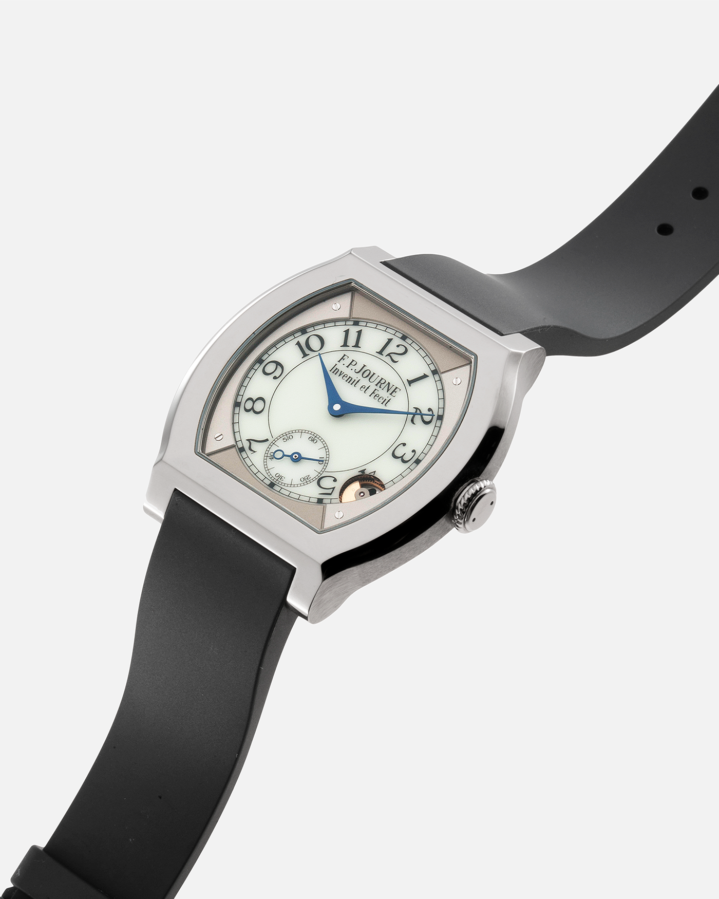 Brand: F.P. Journe Year: 2022 Model: Elegante 40 Material: Titanium Movement: FPJ Calibre 1210 Case Diameter: 40mm Bracelet/Strap: F.P. Journe Blue Rubber Strap