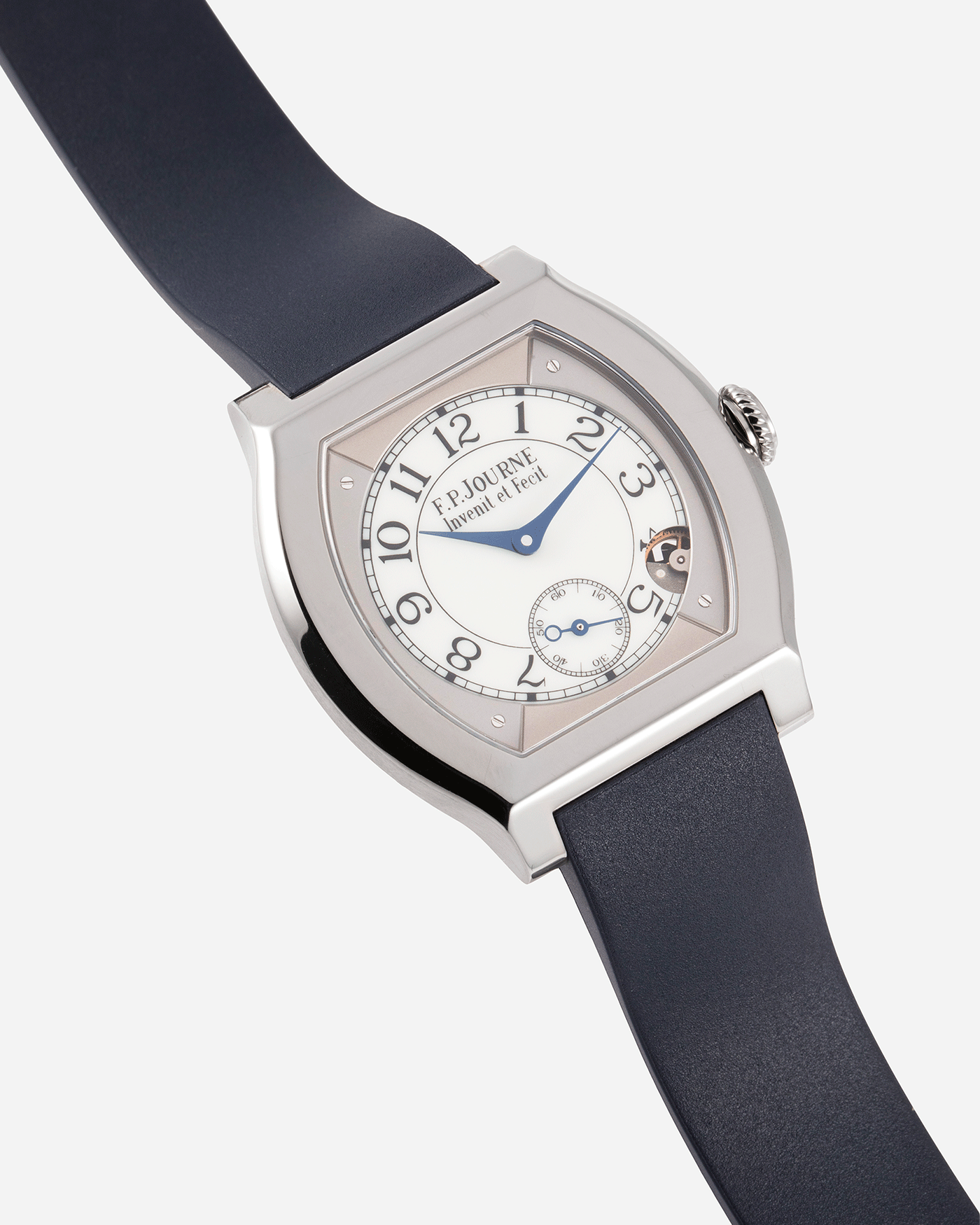 Brand: F.P. Journe Year: 2020 Model: Elegante 40 Material: Titanium Movement: FPJ calibre 1210 Case Diameter: 40mm Bracelet/Strap: F.P. Journe Blue Rubber Strap