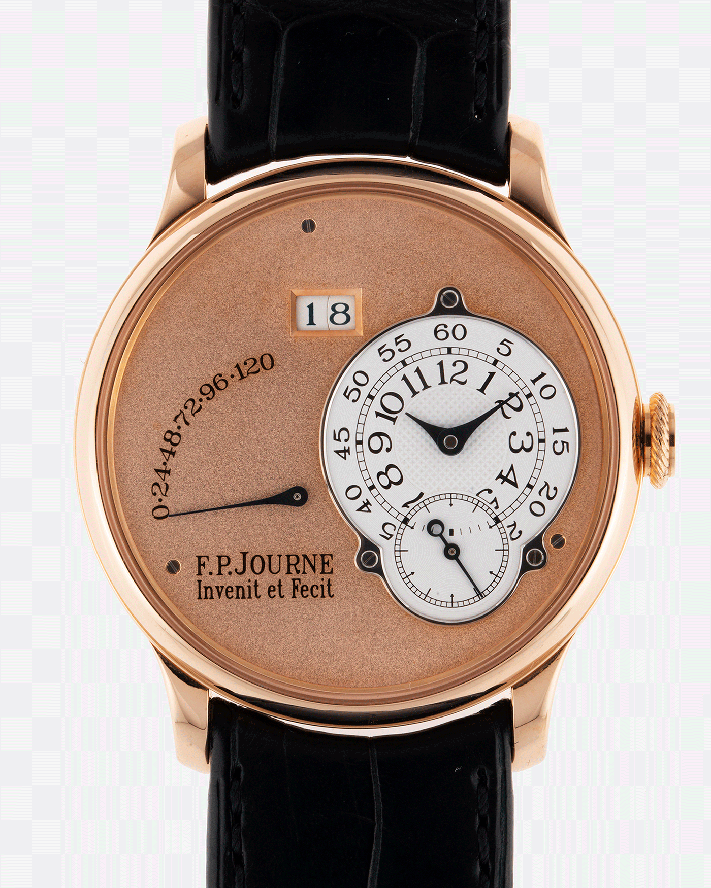 Brand: F.P. Journe Year: 2002 Model: Octa Reserve de Marche Material: 18k Rose Gold Movement: in-house FPJ calibre 1300.3 Case Diameter: 38mm Bracelet/Strap: F.P. Journe Navy Blue Alligator and Rose Gold Signed Tang Buckle