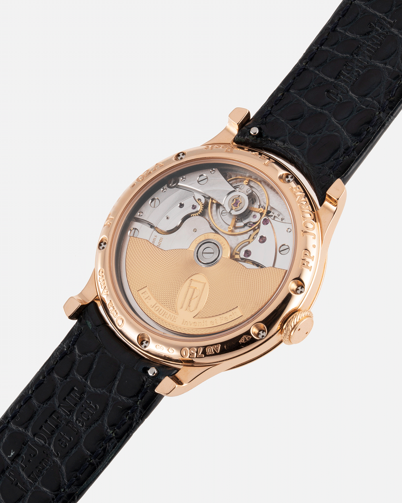 Brand: F.P. Journe Year: 2002 Model: Octa Reserve de Marche Material: 18k Rose Gold Movement: in-house FPJ calibre 1300.3 Case Diameter: 38mm Bracelet/Strap: F.P. Journe Navy Blue Alligator and Rose Gold Signed Tang Buckle