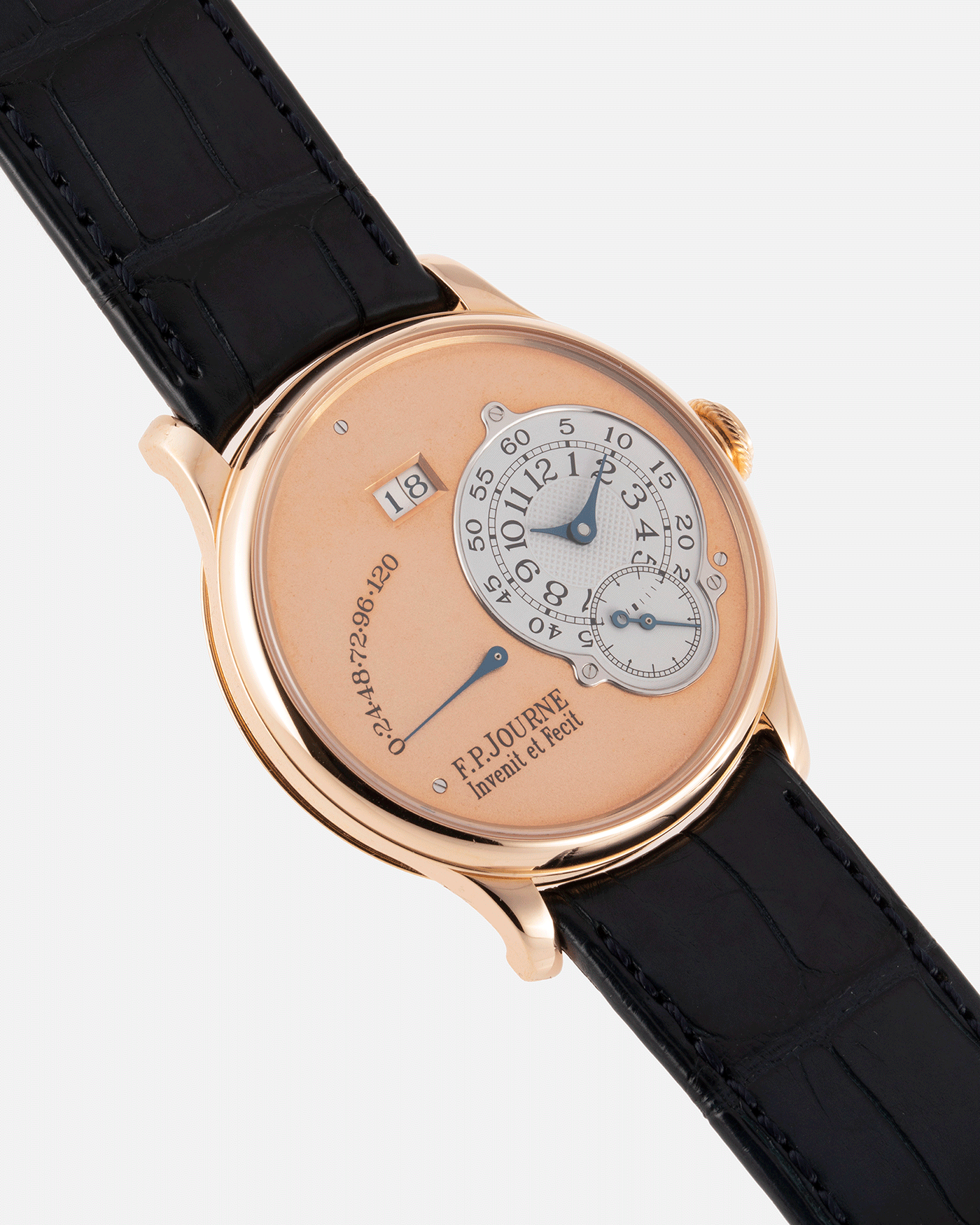 Brand: F.P. Journe Year: 2002 Model: Octa Reserve de Marche Material: 18k Rose Gold Movement: in-house FPJ calibre 1300.3 Case Diameter: 38mm Bracelet/Strap: F.P. Journe Navy Blue Alligator and Rose Gold Signed Tang Buckle