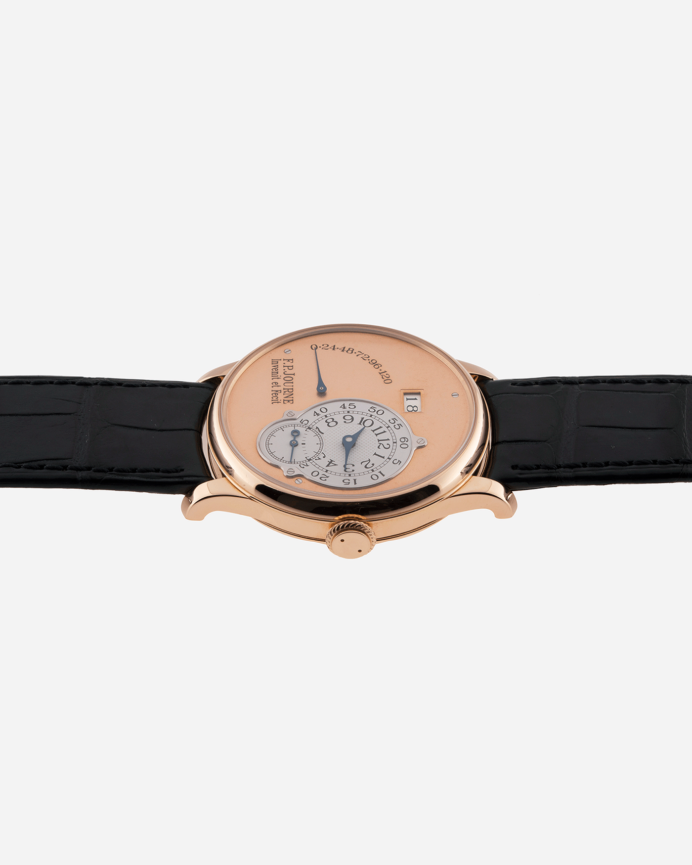 Brand: F.P. Journe Year: 2002 Model: Octa Reserve de Marche Material: 18k Rose Gold Movement: in-house FPJ calibre 1300.3 Case Diameter: 38mm Bracelet/Strap: F.P. Journe Navy Blue Alligator and Rose Gold Signed Tang Buckle