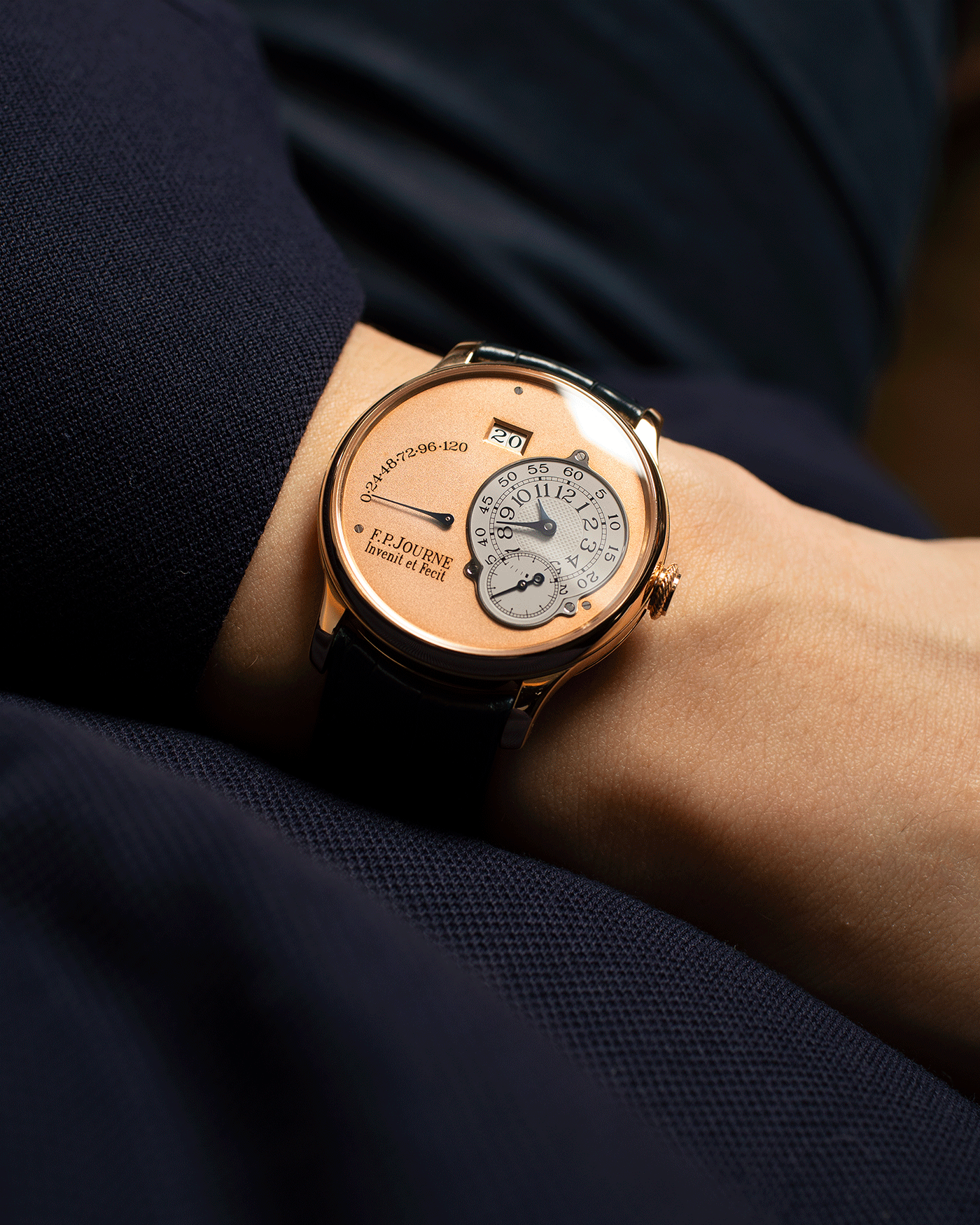 Brand: F.P. Journe Year: 2002 Model: Octa Reserve de Marche Material: 18k Rose Gold Movement: in-house FPJ calibre 1300.3 Case Diameter: 38mm Bracelet/Strap: F.P. Journe Navy Blue Alligator and Rose Gold Signed Tang Buckle