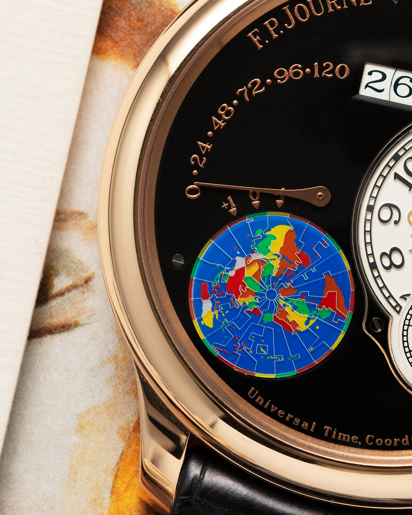 Brand: F. P. Journe. Year: 2020 Model: Octa UTC Material: 18-carat Rose Gold Movement: FPJ Cal. 1300-3 in 18-carat Rose Gold, Self-Winding Case Diameter: 40mm Bracelet / Strap: F. P. Journe Navy Black Alligator and 18-carat Rose Gold Signed Tang Buckle with additional F. P. Journe Aegean Blue Alligator Leather Strap, and Cobalt Blue Alligator Leather Strap. 