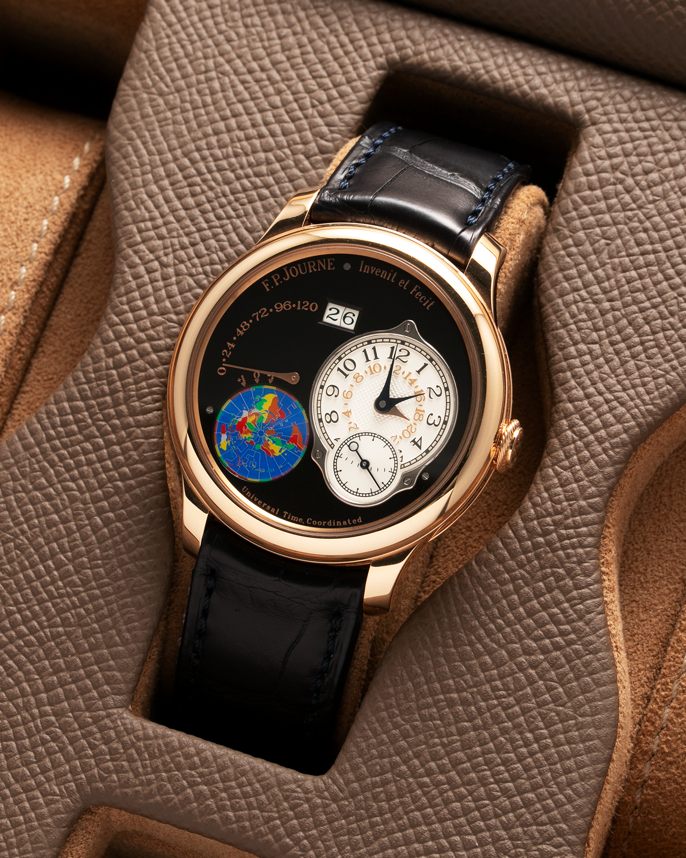 Brand: F. P. Journe. Year: 2020 Model: Octa UTC Material: 18-carat Rose Gold Movement: FPJ Cal. 1300-3 in 18-carat Rose Gold, Self-Winding Case Diameter: 40mm Bracelet / Strap: F. P. Journe Navy Black Alligator and 18-carat Rose Gold Signed Tang Buckle with additional F. P. Journe Aegean Blue Alligator Leather Strap, and Cobalt Blue Alligator Leather Strap. 