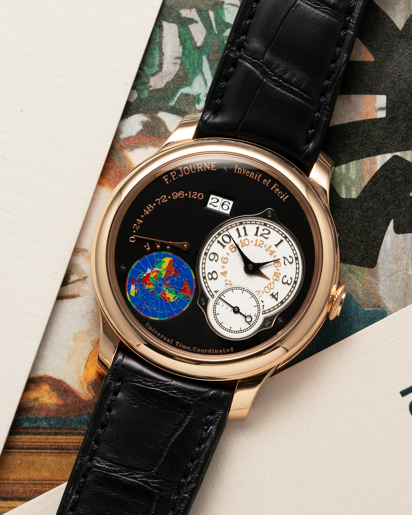 Brand: F. P. Journe. Year: 2020 Model: Octa UTC Material: 18-carat Rose Gold Movement: FPJ Cal. 1300-3 in 18-carat Rose Gold, Self-Winding Case Diameter: 40mm Bracelet / Strap: F. P. Journe Navy Black Alligator and 18-carat Rose Gold Signed Tang Buckle with additional F. P. Journe Aegean Blue Alligator Leather Strap, and Cobalt Blue Alligator Leather Strap. 